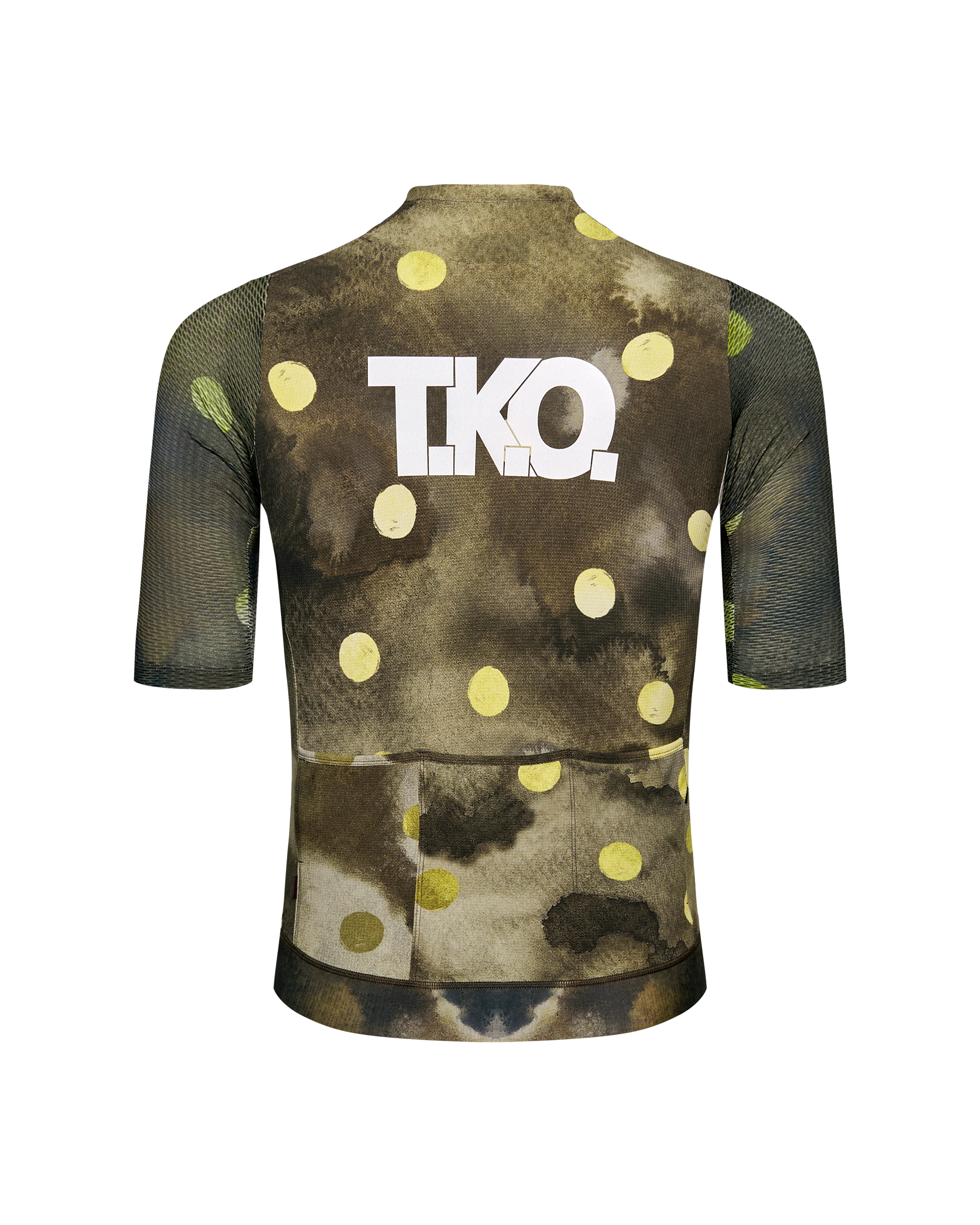 Green T.K.O. Essential Light cycling jersey, rear view with yellow polka dot print and white TKO logo