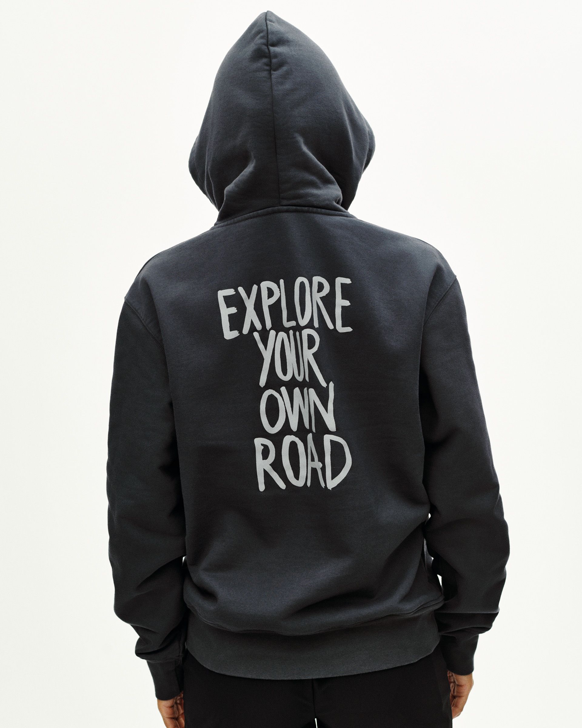 Dark Navy Off-Race Graphic hoodie on model, rear view with white "EXPLORE YOUR OWN ROAD" text