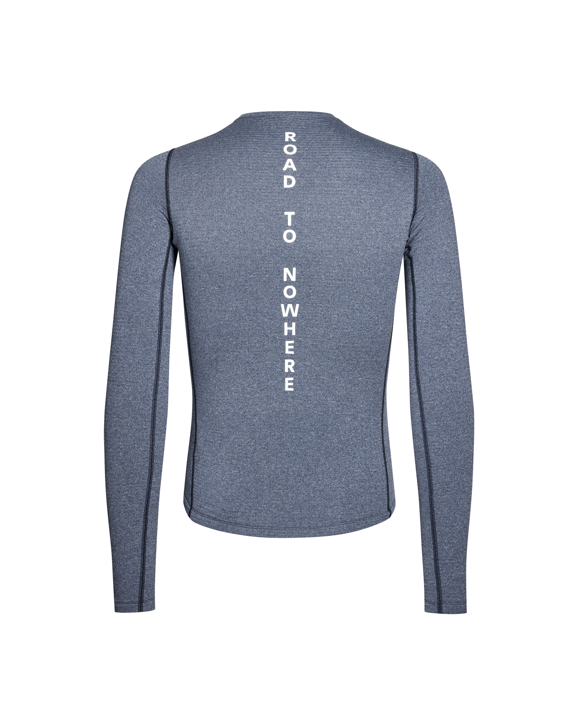 Navy thermal long sleeve base layer, rear view with white Road to Nowhere spine print