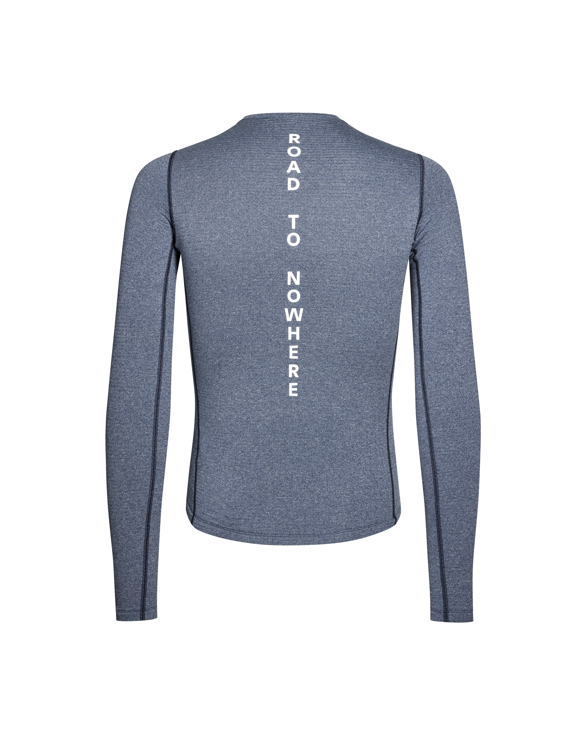 Navy thermal long sleeve base layer, rear view with white Road to Nowhere spine print