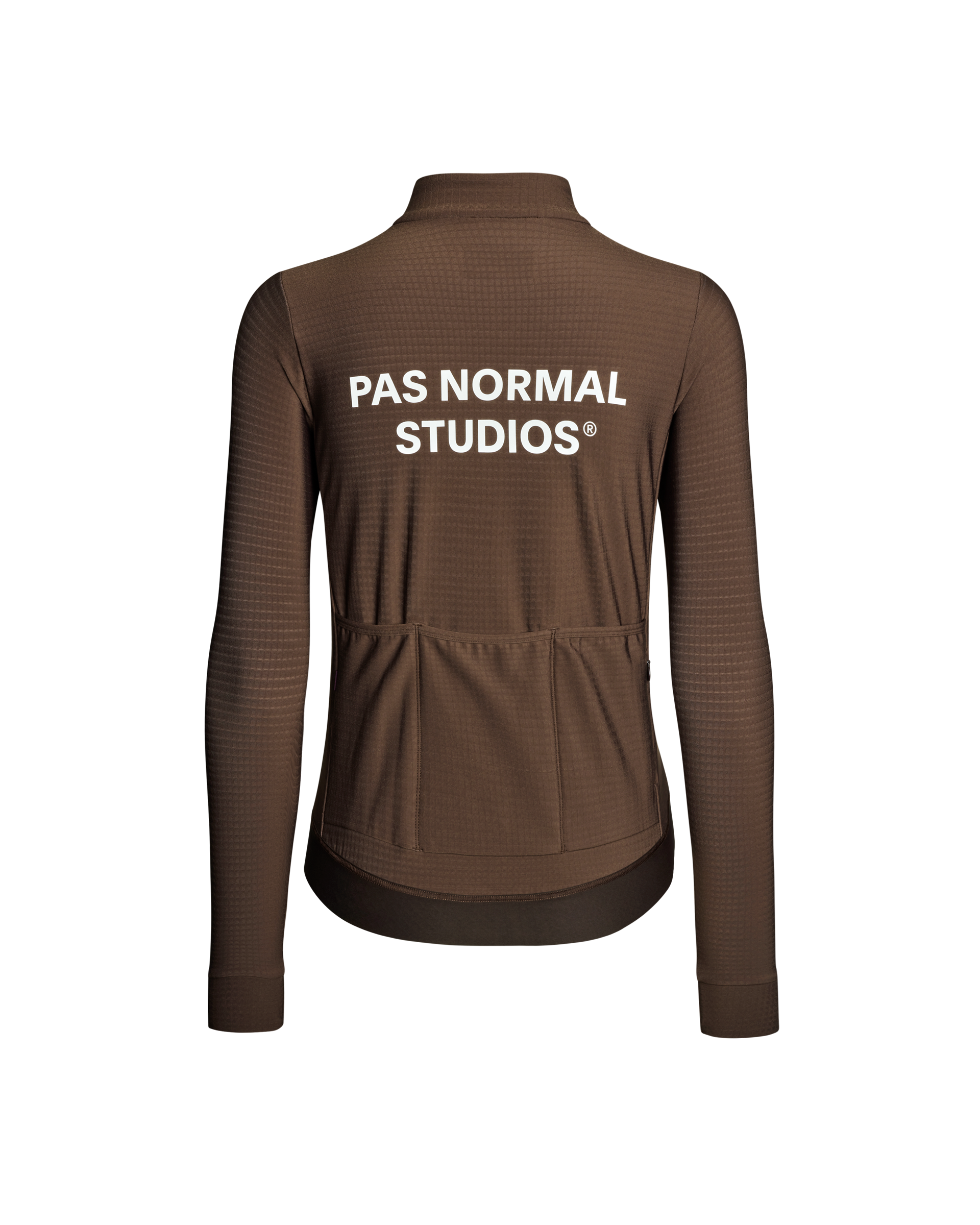 Light Brown Essential women's long sleeve cycling jersey, rear view with white back print and three rear pockets