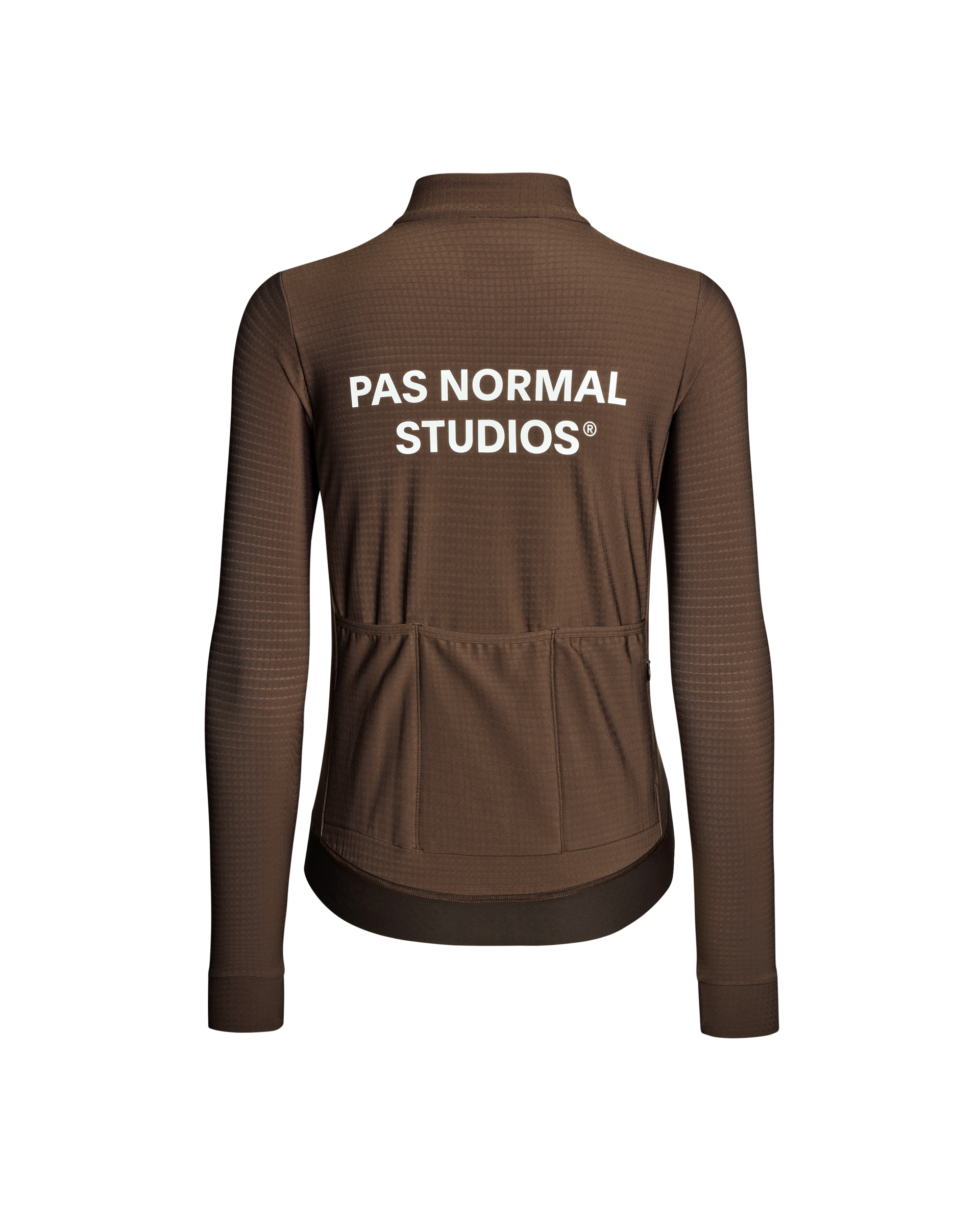 Light Brown Essential women's long sleeve cycling jersey, rear view with white back print and three rear pockets