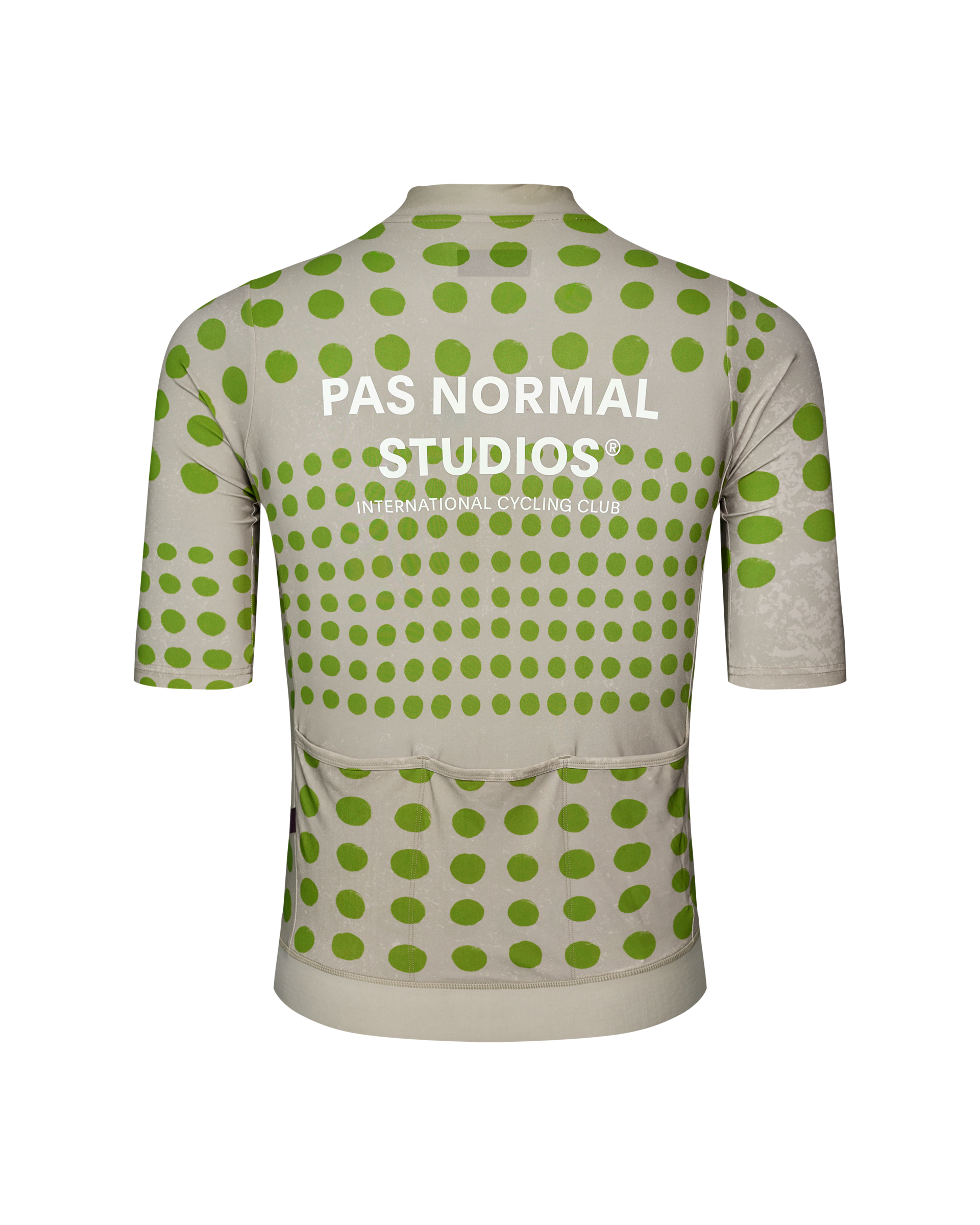 Bone Essential cycling jersey, rear view with green polka dot pattern