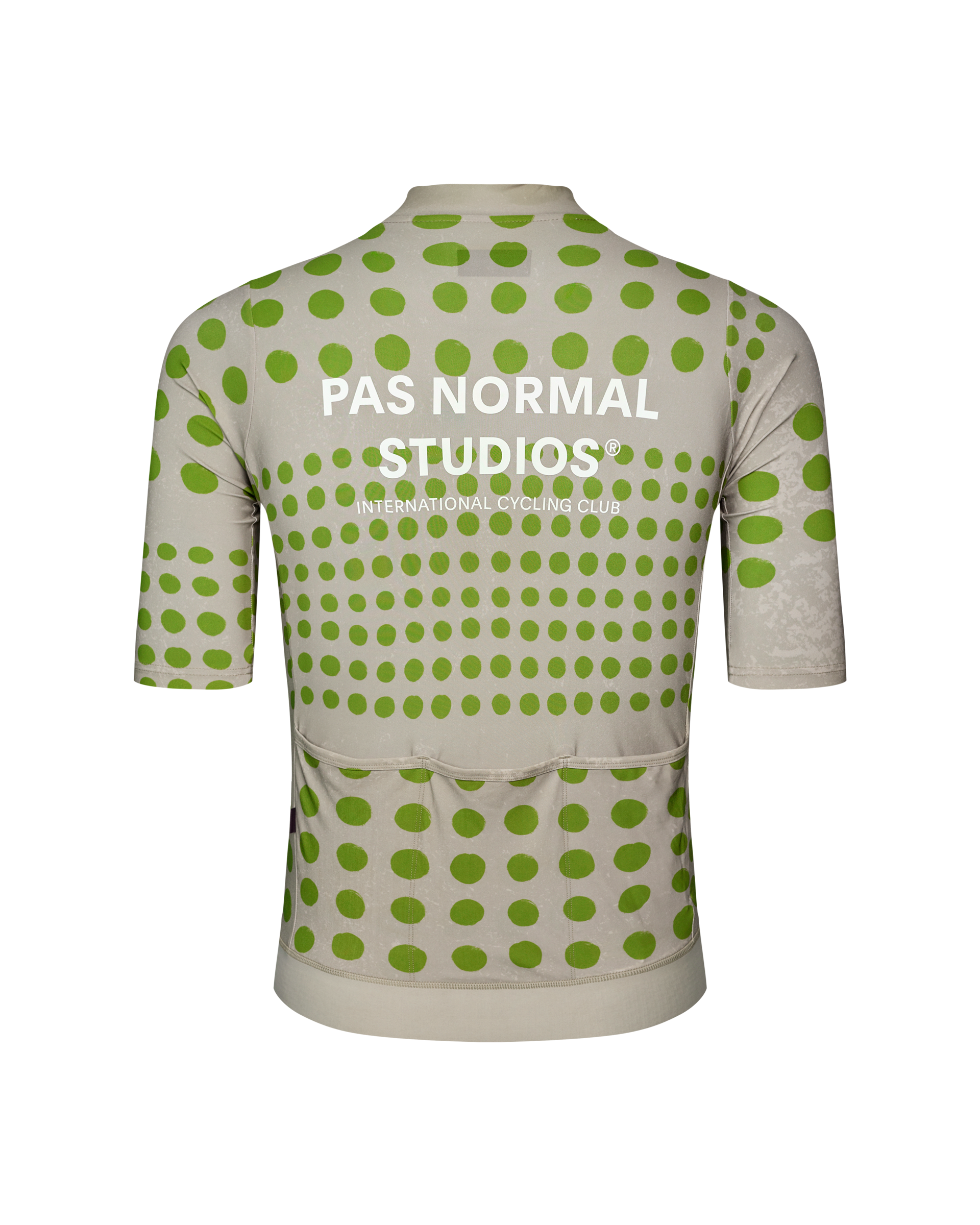 Bone Essential cycling jersey, rear view with green polka dot pattern