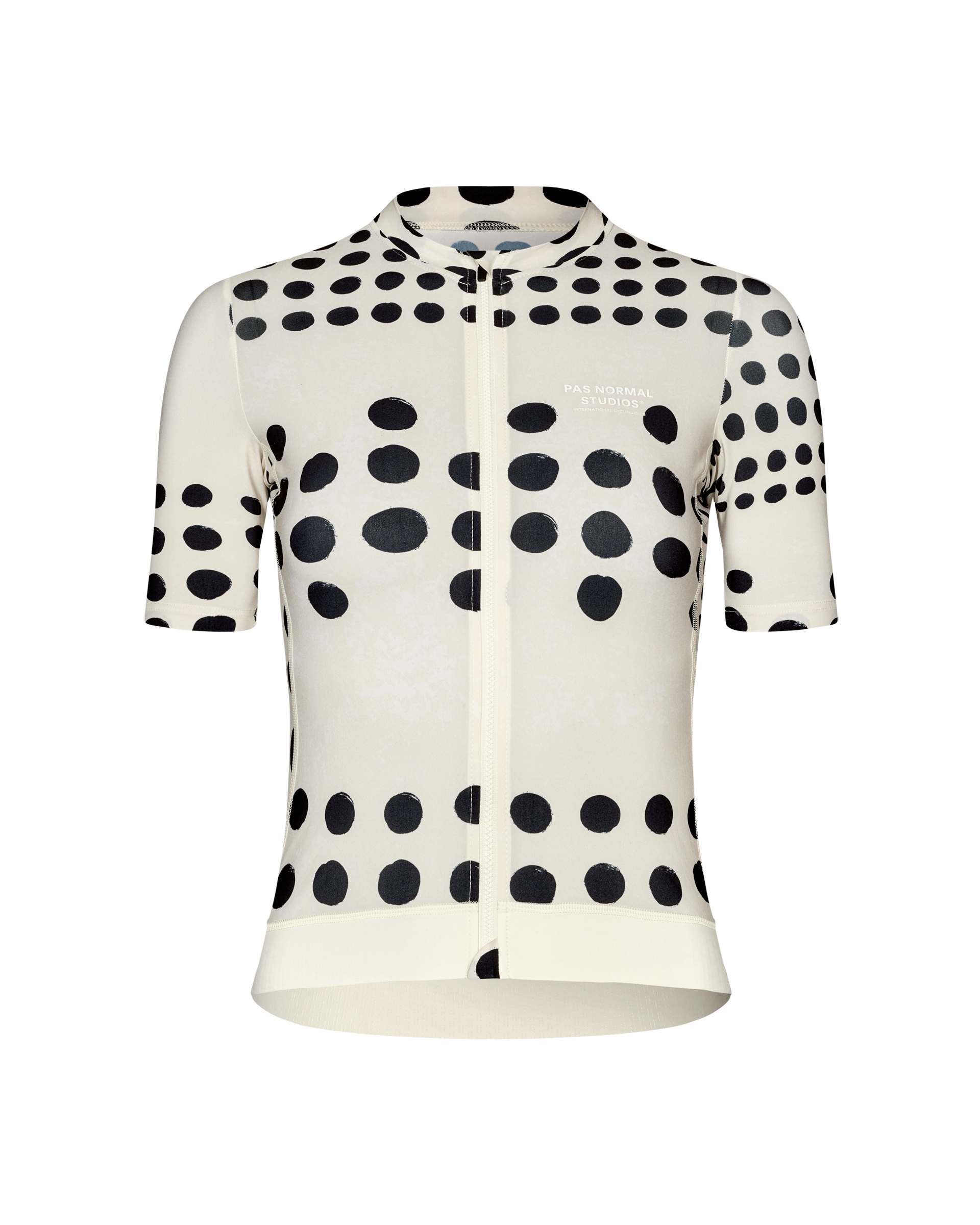 Off White Essential cycling jersey, front flat lay with all-over black dot print and centre zip