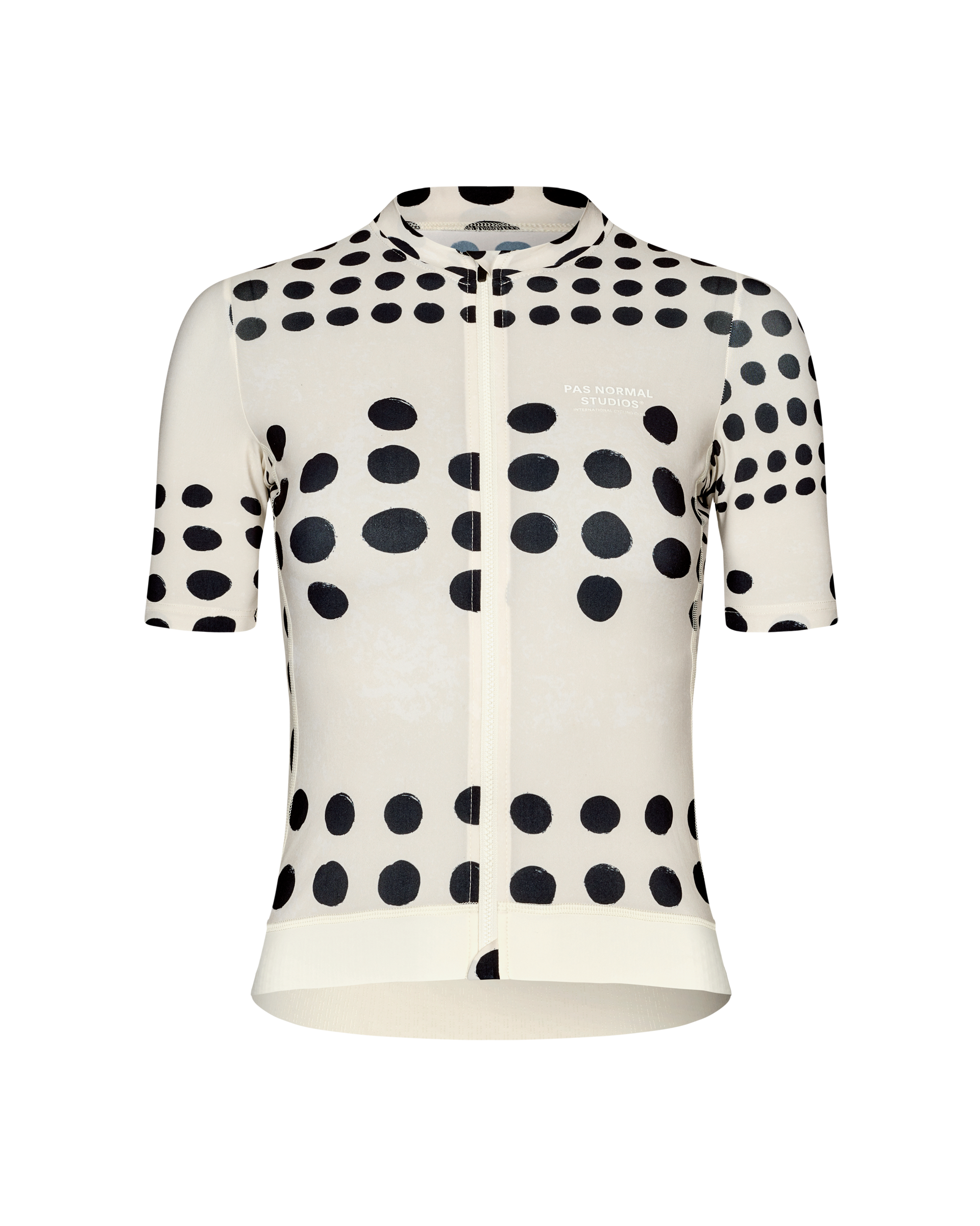 Off White Essential cycling jersey, front flat lay with all-over black dot print and centre zip