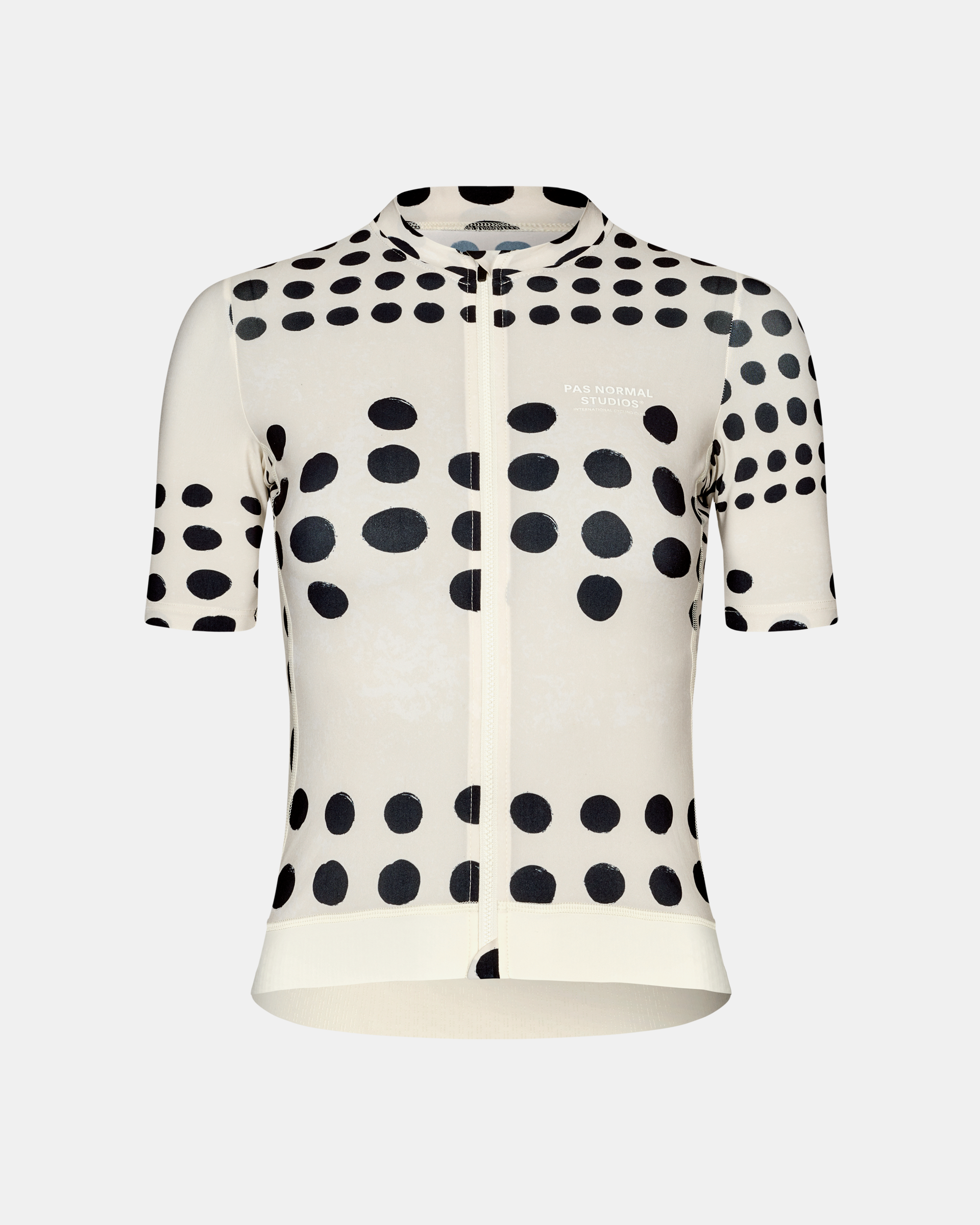 Off White Essential cycling jersey, front flat lay with all-over black dot print and centre zip