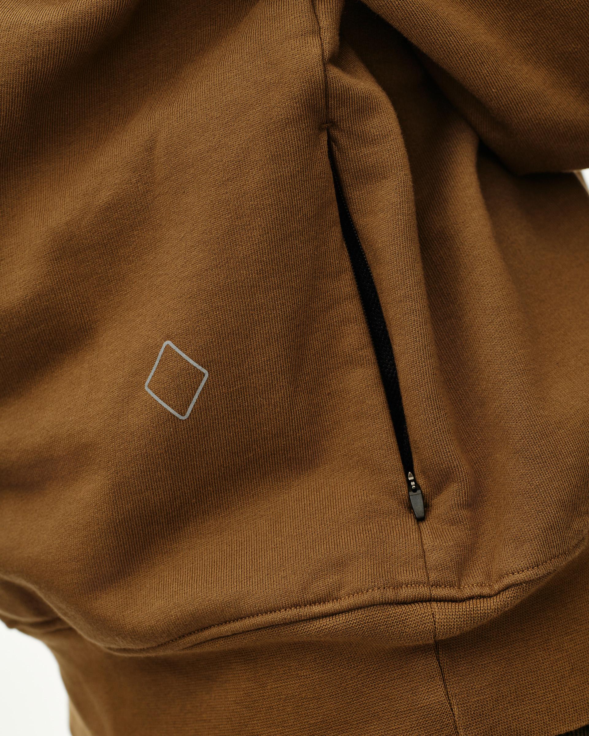 Wood brown Off-Race sweatshirt, detail view of zip pocket and diamond logo print