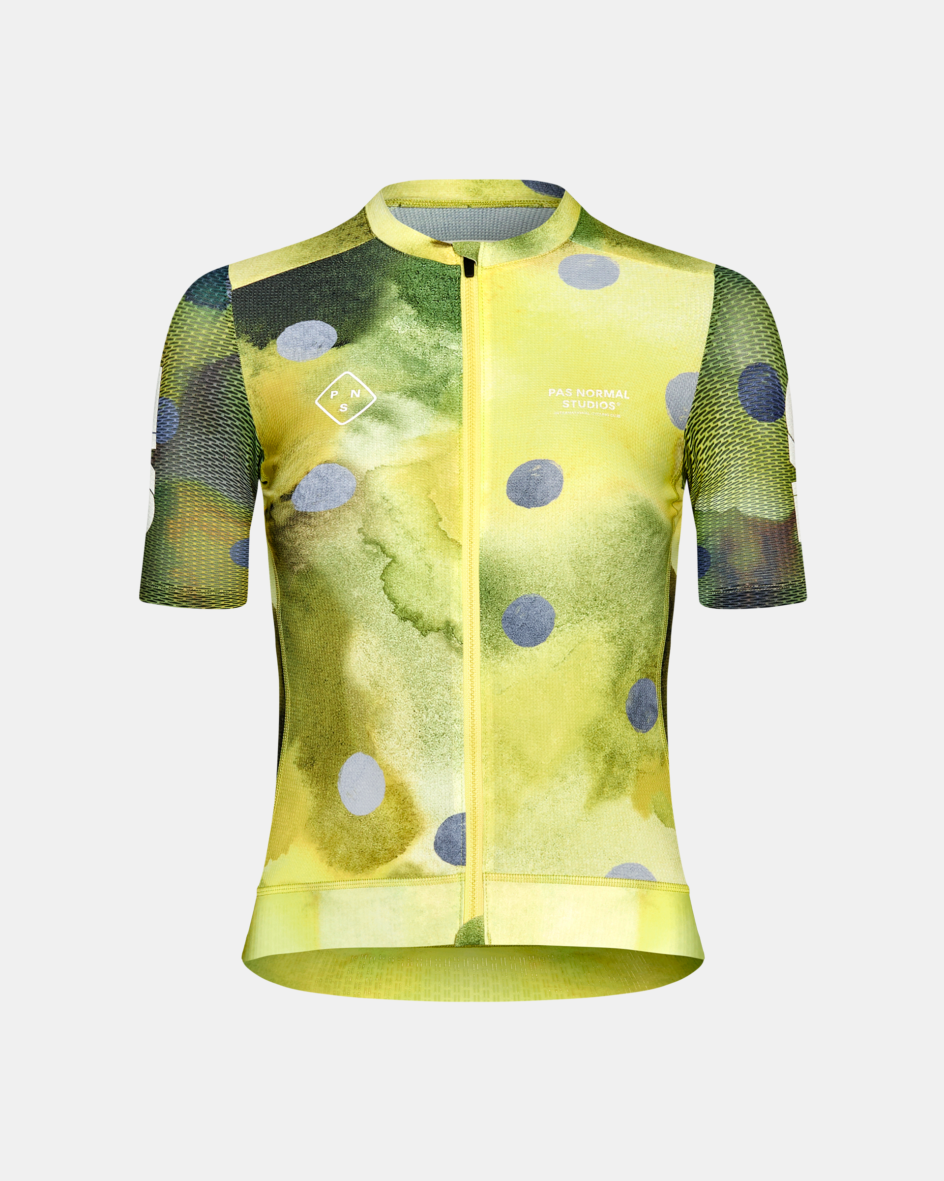 Yellow T.K.O. Essential Light cycling jersey, front view with blue polka dots and mesh sleeves