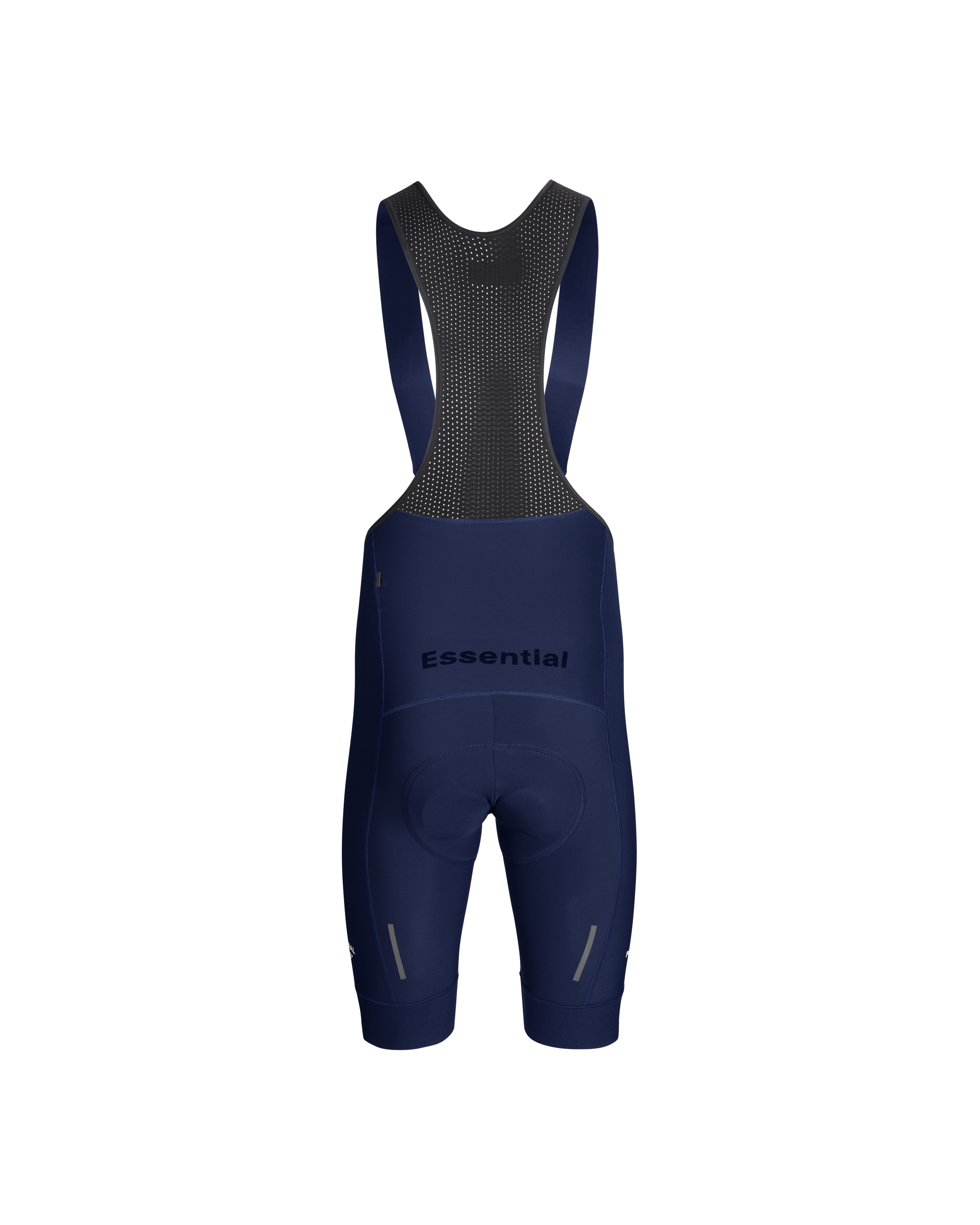 Navy Essential thermal bibs, rear flat lay with mesh back panel and reflective leg details