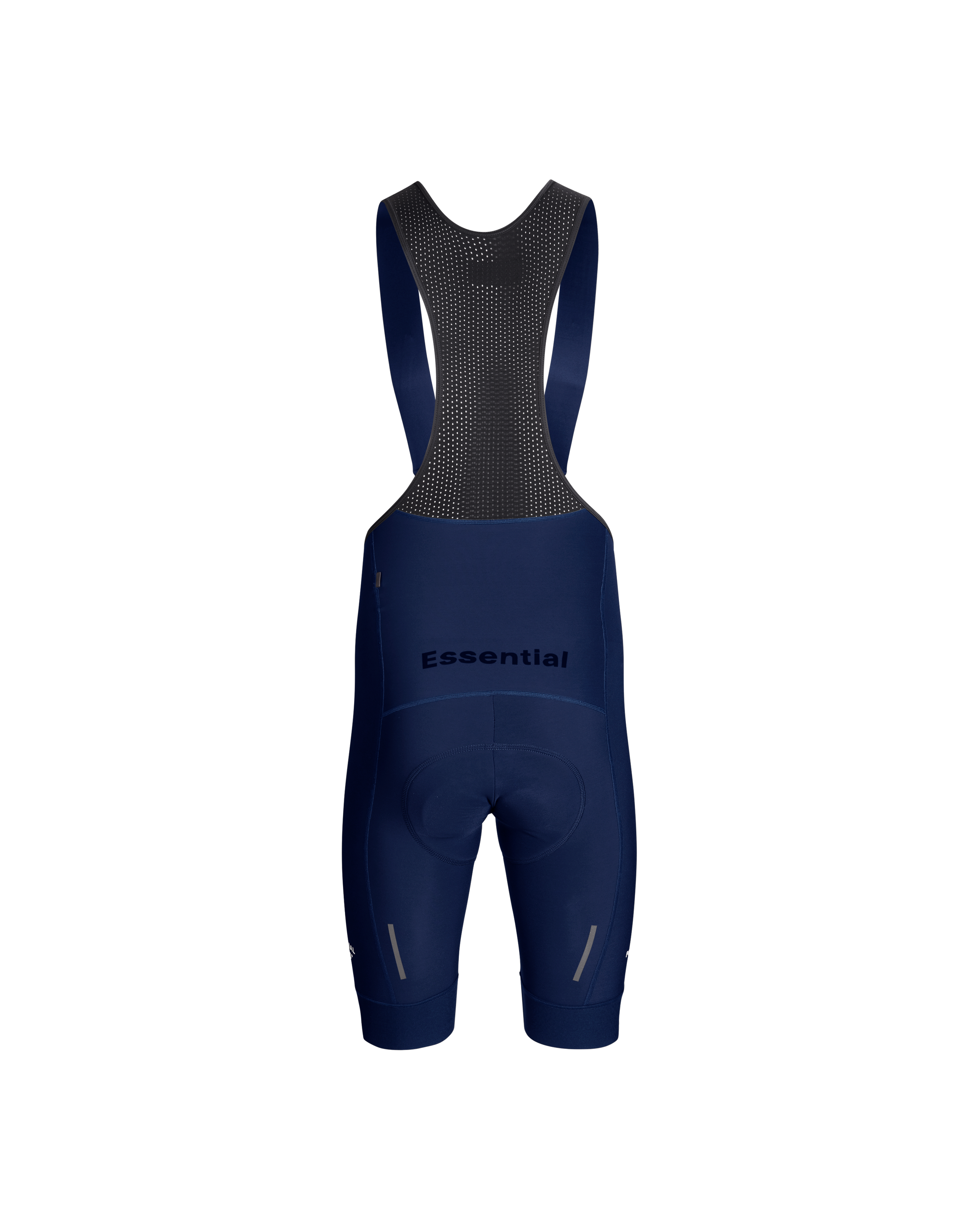 Navy Essential thermal bibs, rear flat lay with mesh back panel and reflective leg details