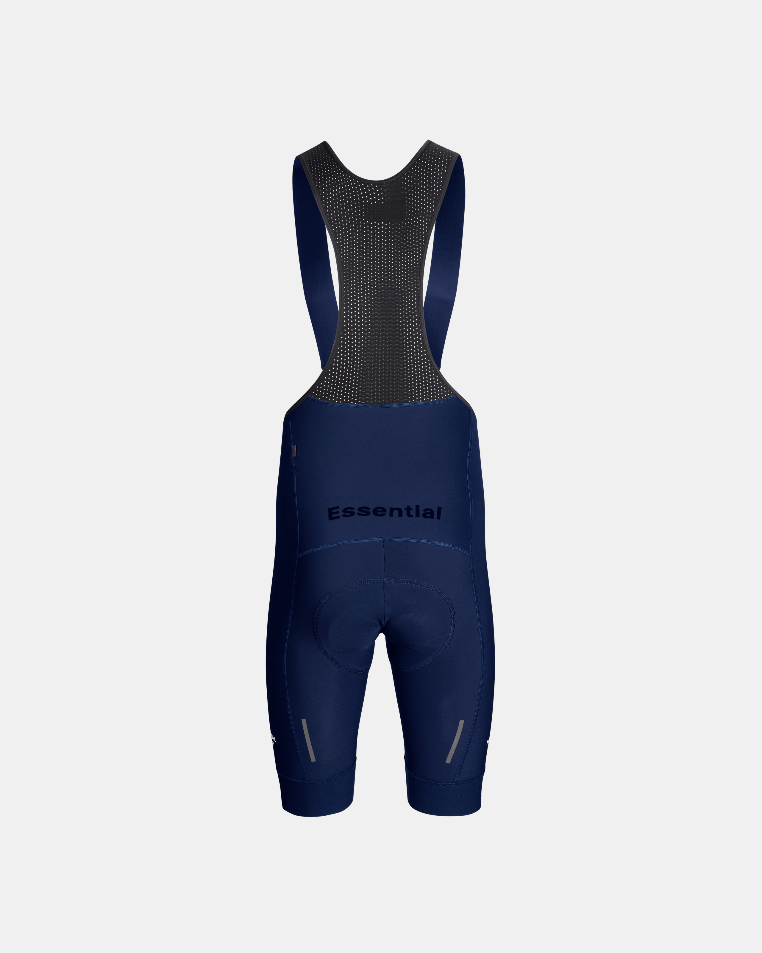 Navy Essential thermal bibs, rear flat lay with mesh back panel and reflective leg details