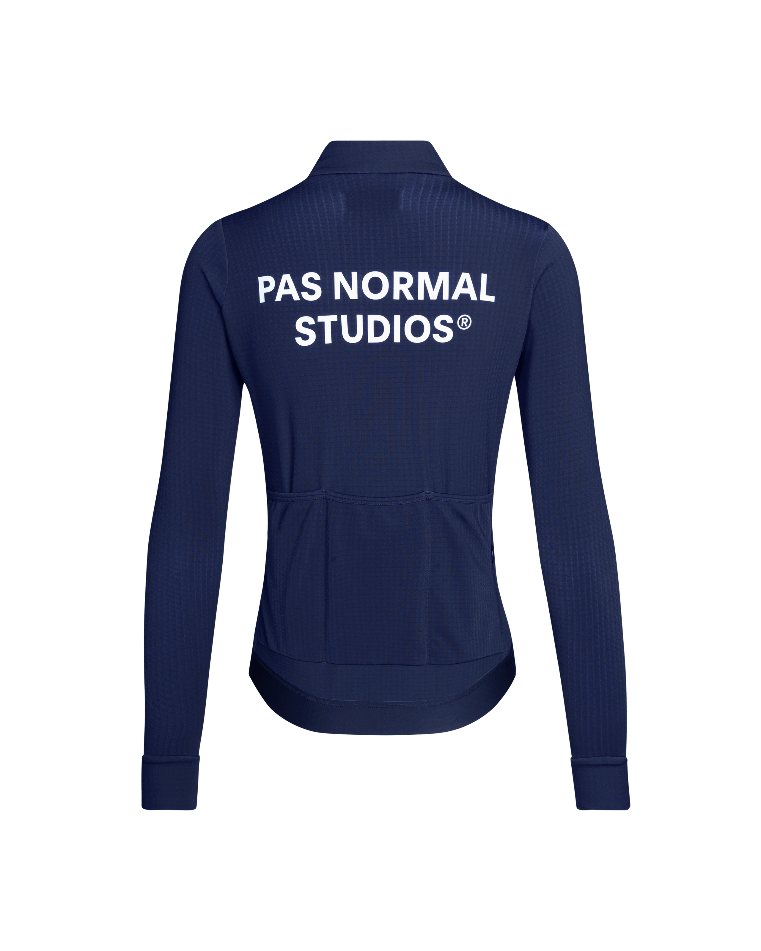 Navy Essential women's long sleeve cycling jersey, rear flat lay with white back print and three pockets