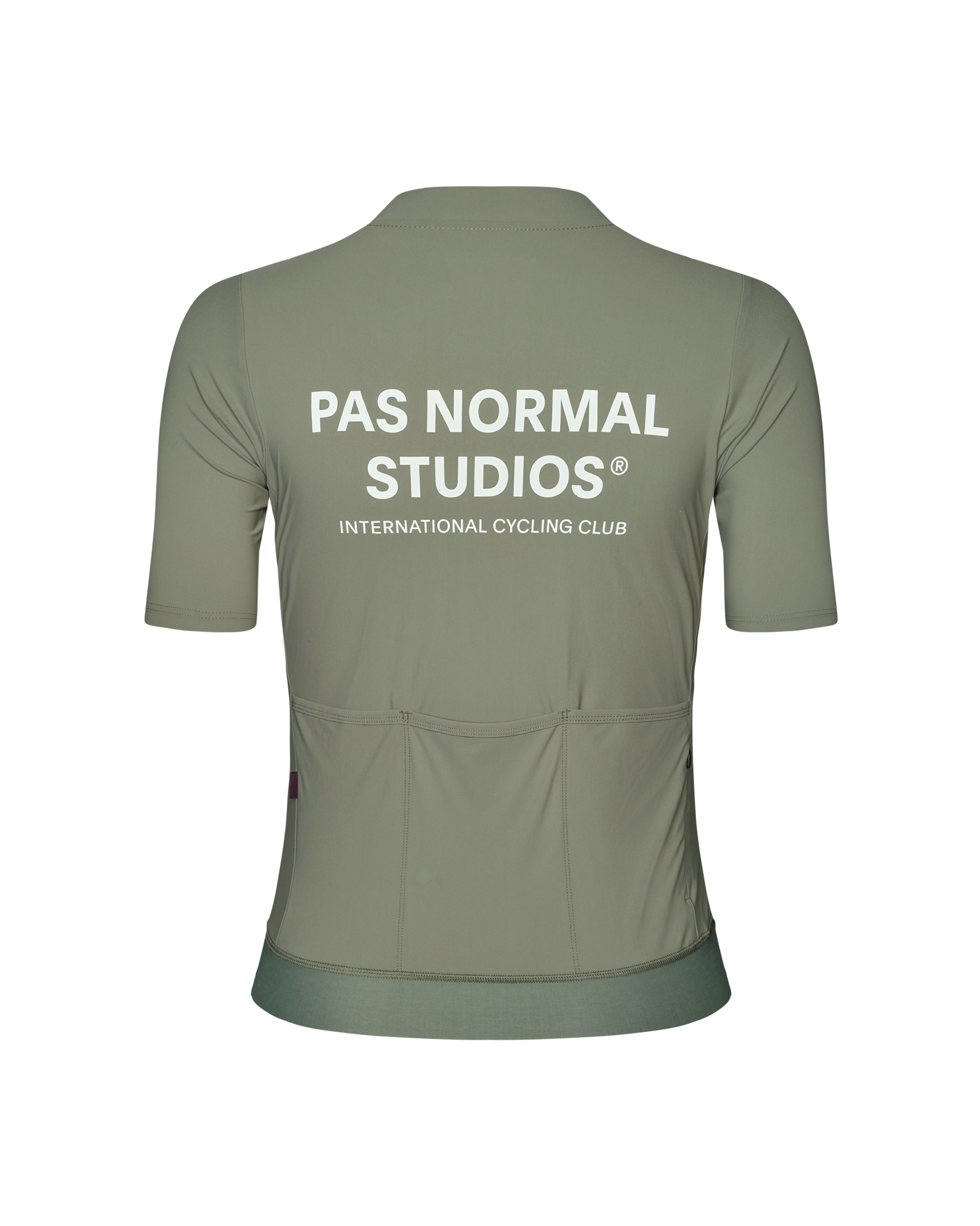 Green Essential cycling jersey, rear view with white text print