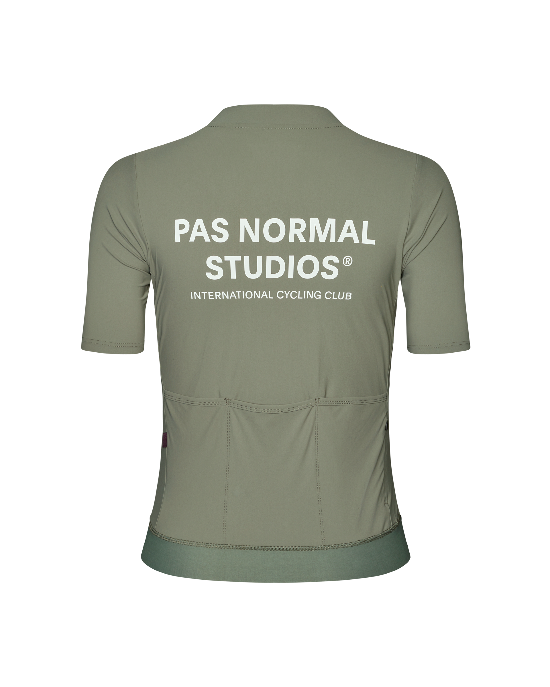 Green Essential cycling jersey, rear view with white text print