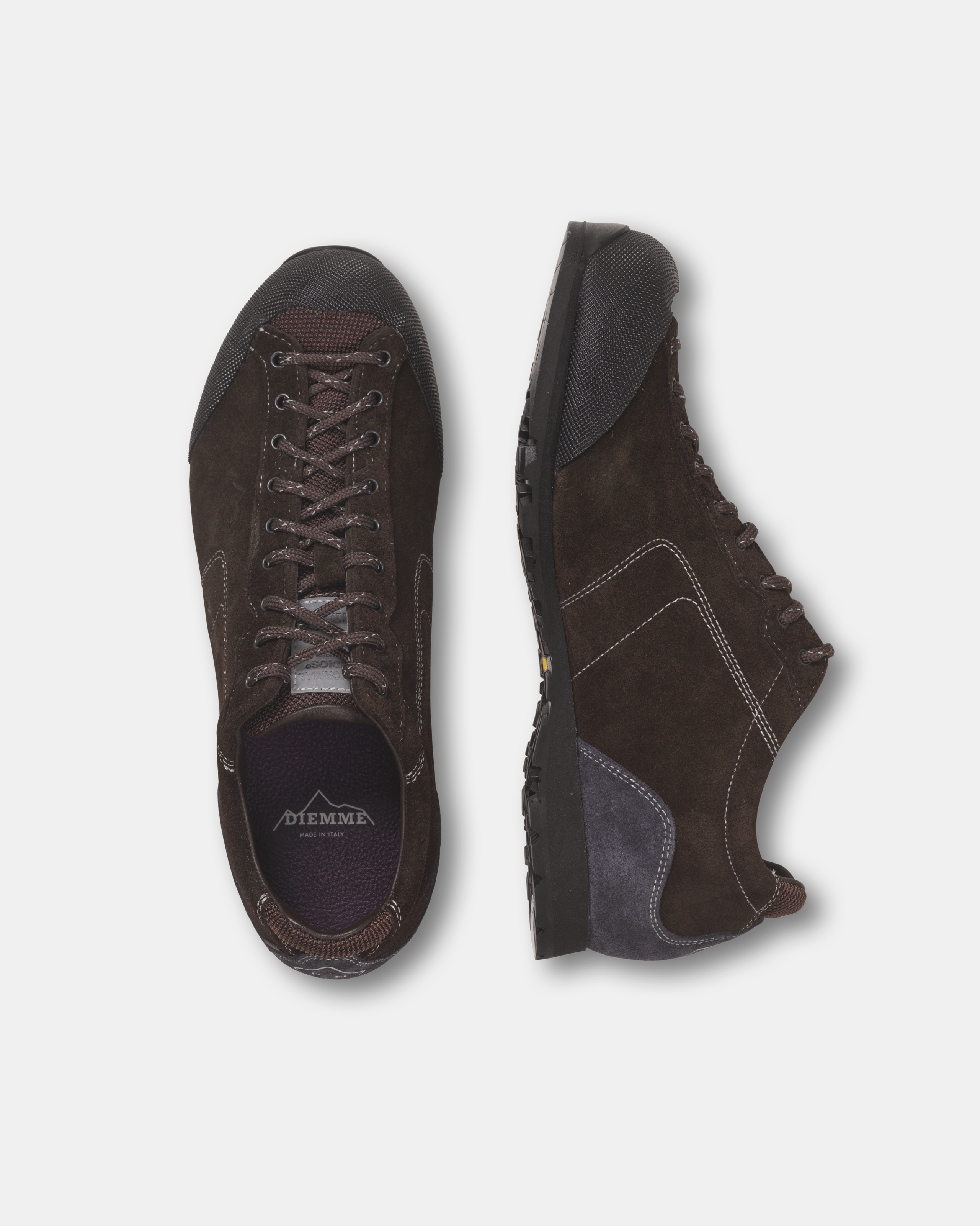 Brown DIEMME MOVIDA'92 shoes, flat lay pair with suede uppers and contrast stitching