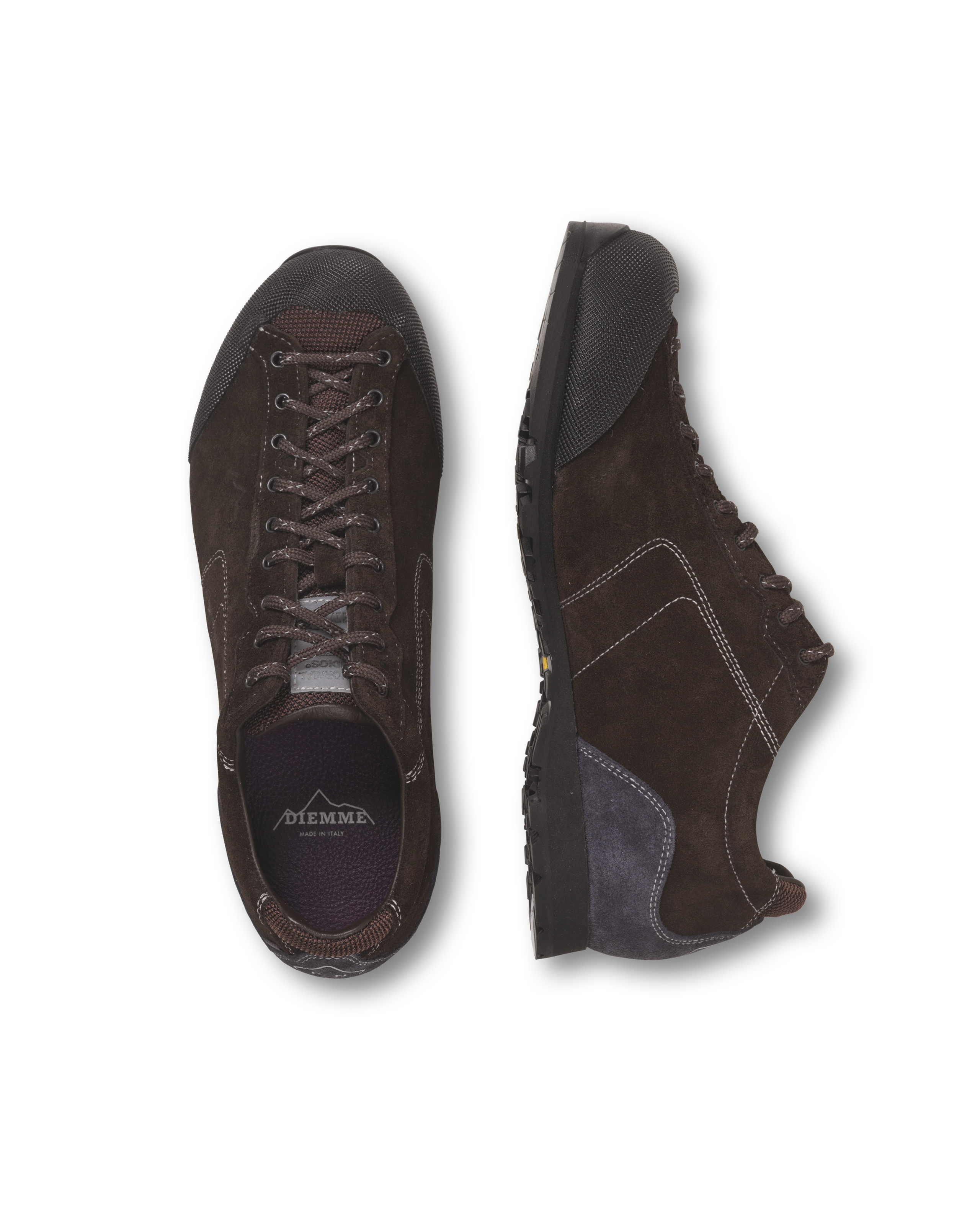 Brown DIEMME MOVIDA'92 shoes, flat lay pair with suede uppers and contrast stitching