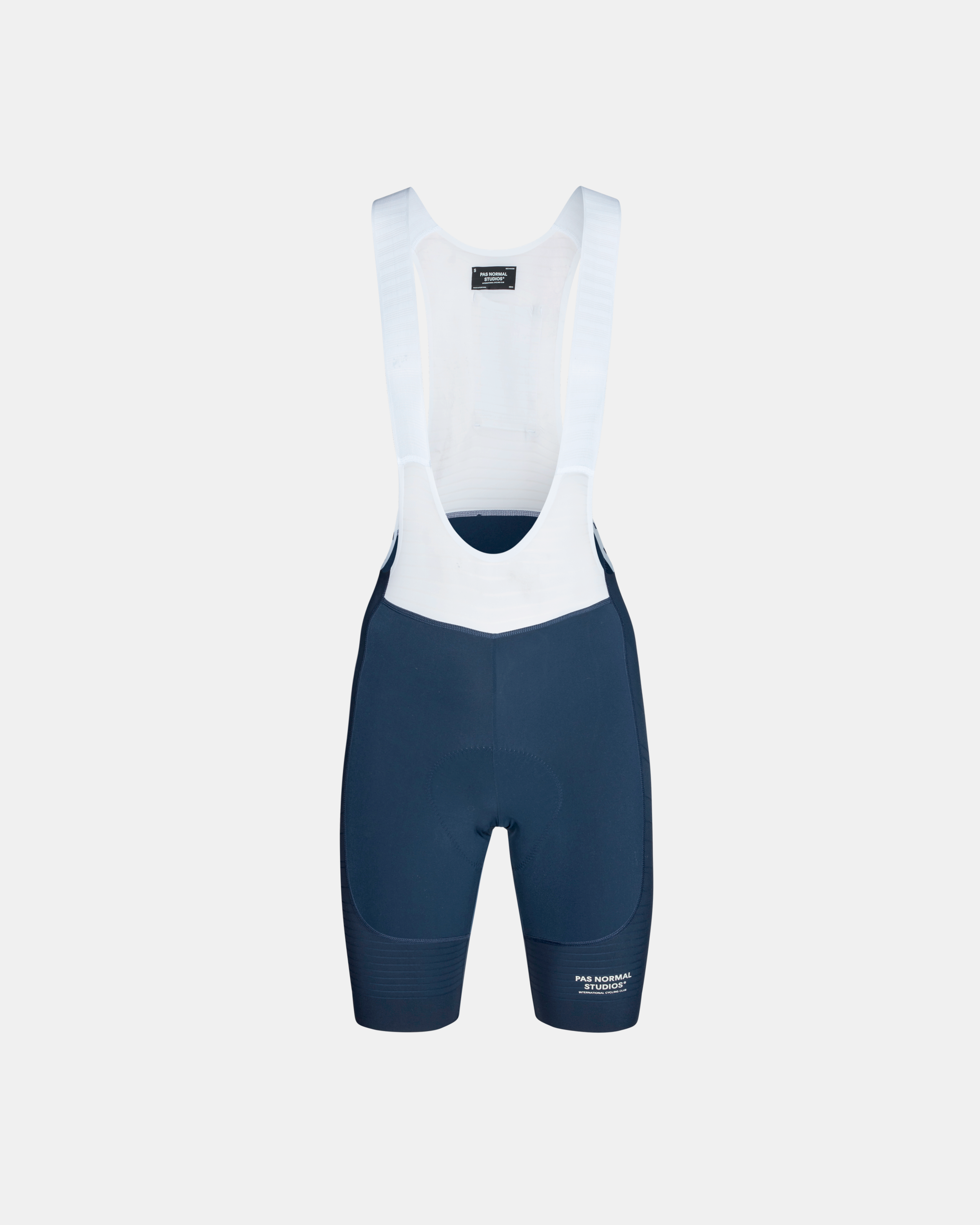 Navy Mechanism Pro cycling bibs, front flat lay with white mesh bib panel