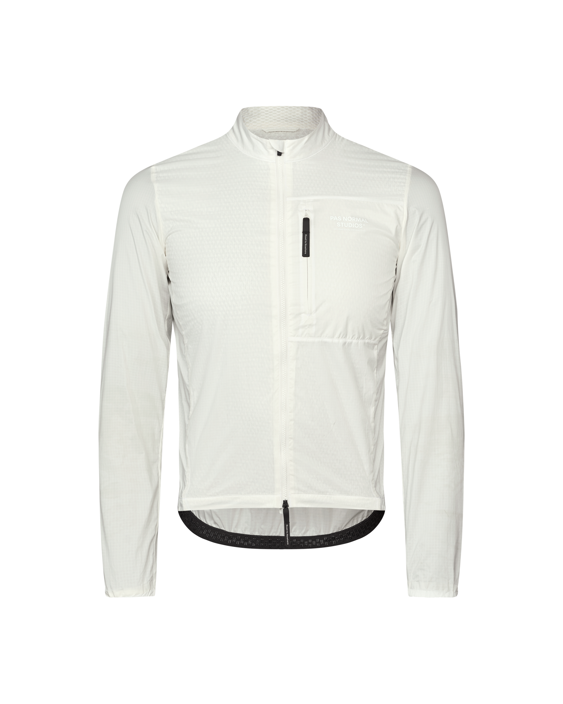 Off White Essential Insulated cycling jacket, front view with chest pocket and full zip