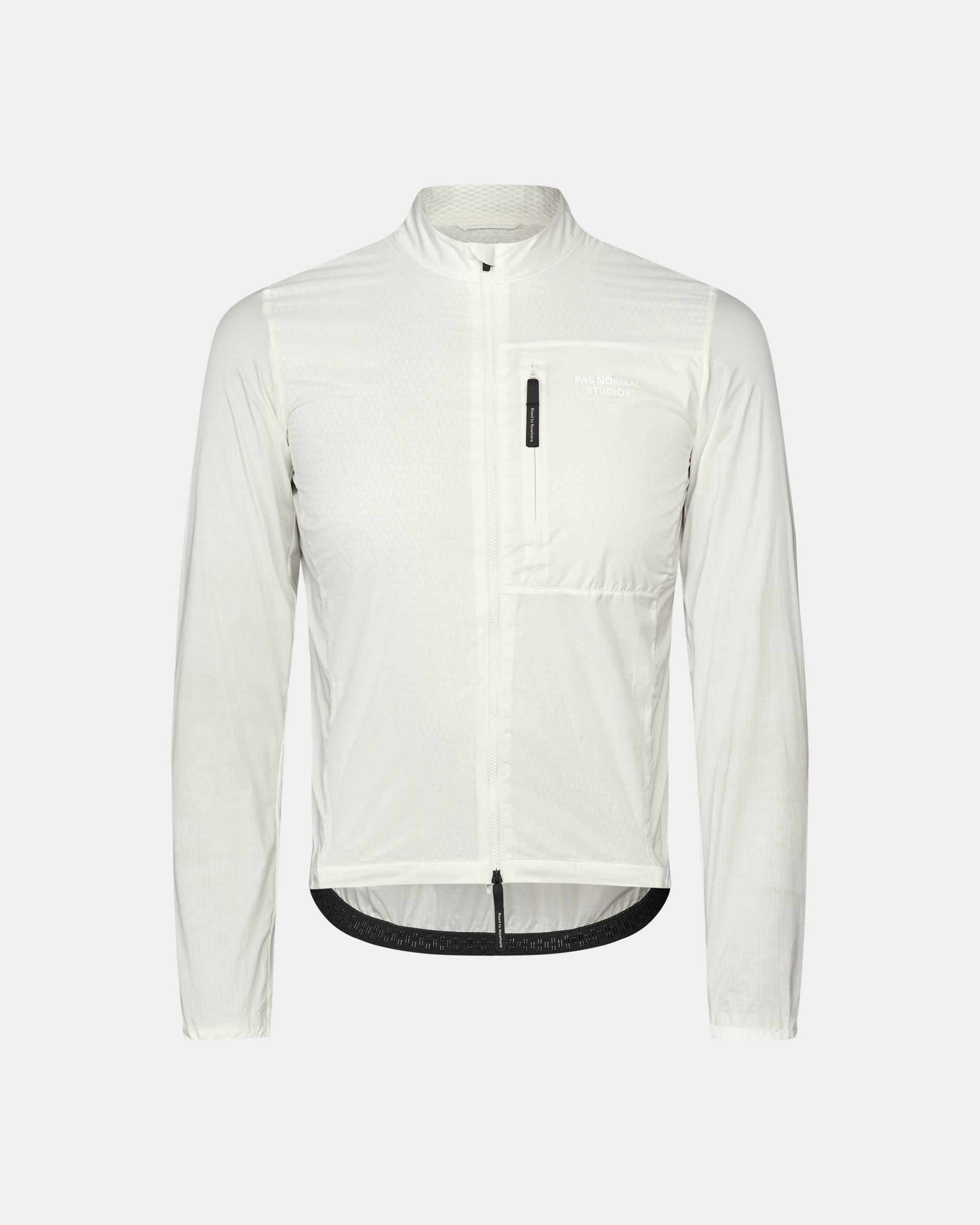 Off White Essential Insulated cycling jacket, front view with chest pocket and full zip