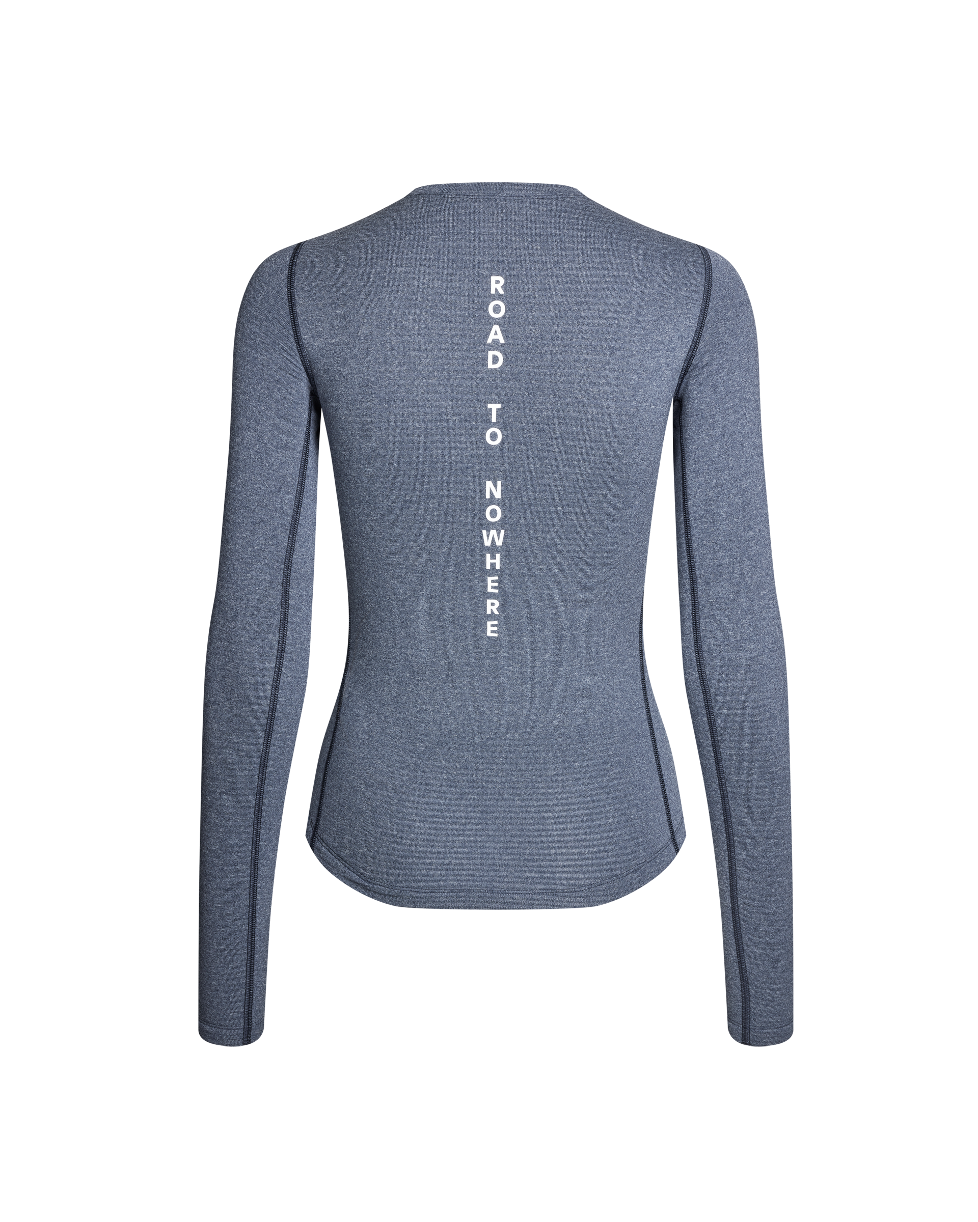 Navy long sleeve base layer, rear view with white Road To Nowhere text print