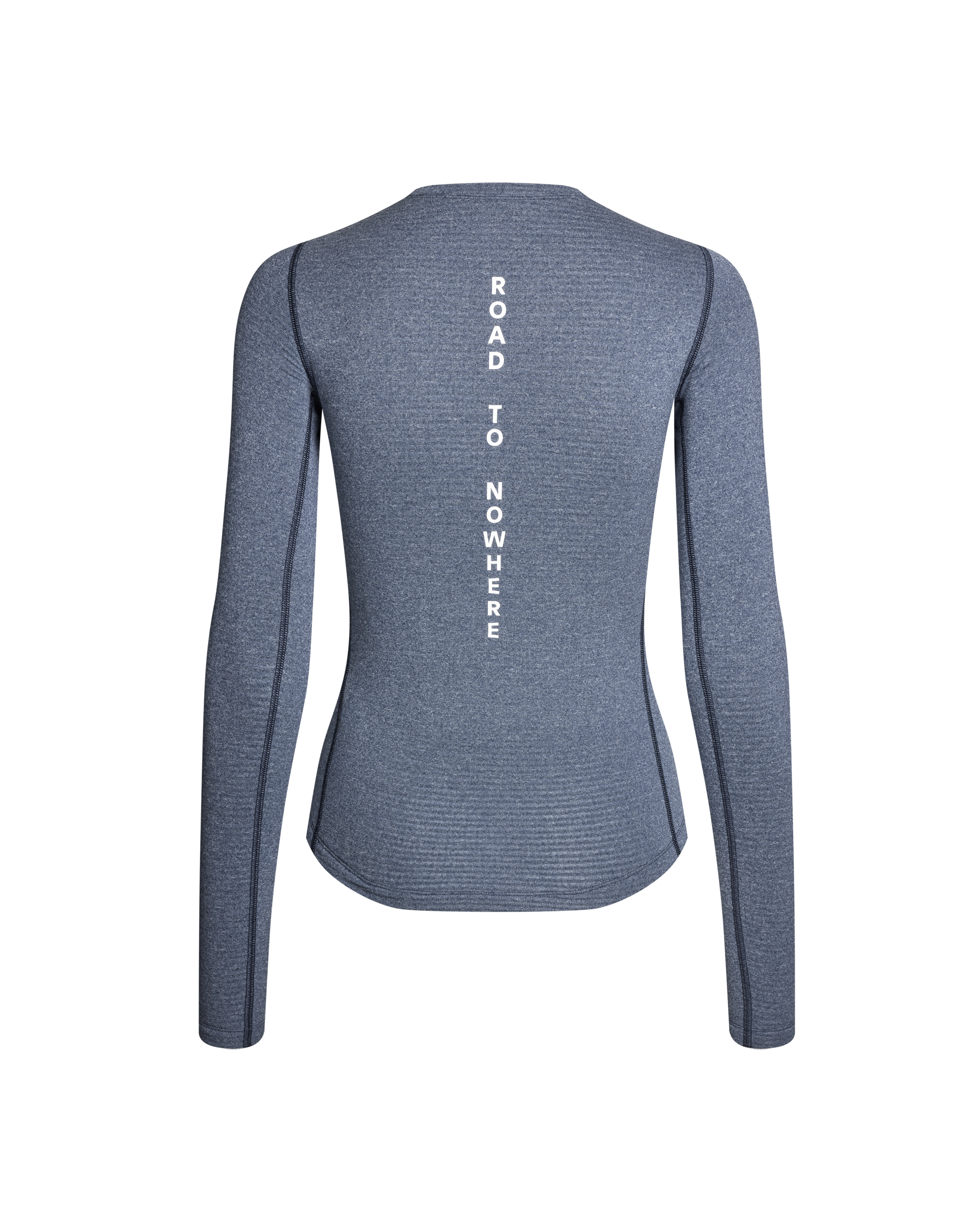 Navy long sleeve base layer, rear view with white Road To Nowhere text print