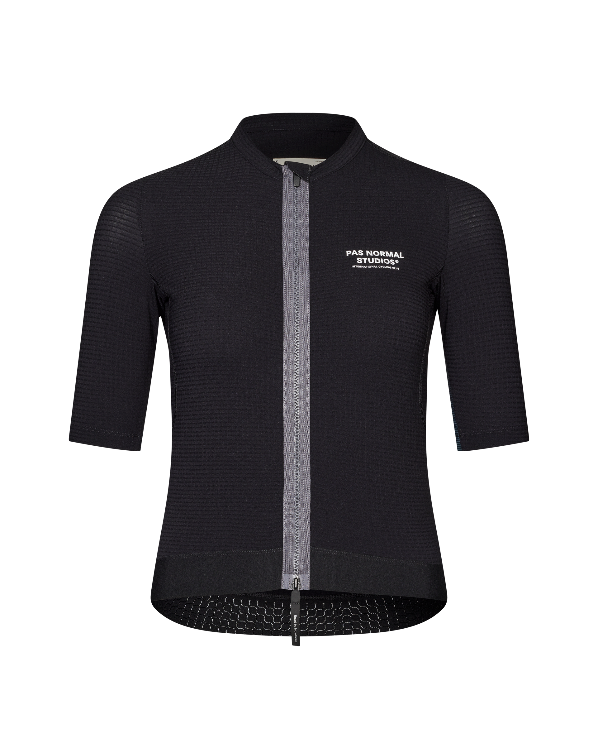 Black Escapism cycling jersey, front view with grey contrast zip and textured fabric panels