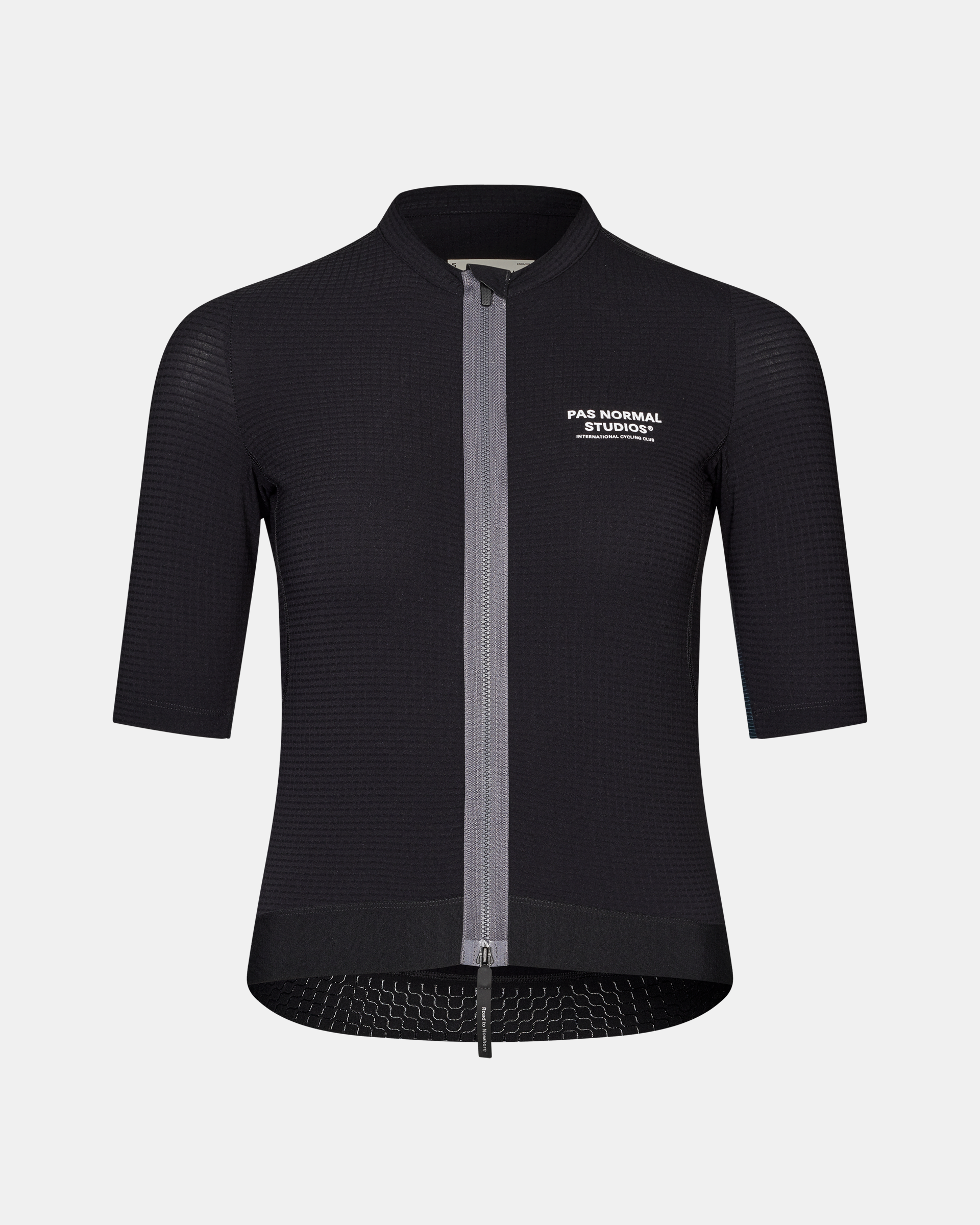 Black Escapism cycling jersey, front view with grey contrast zip and textured fabric panels