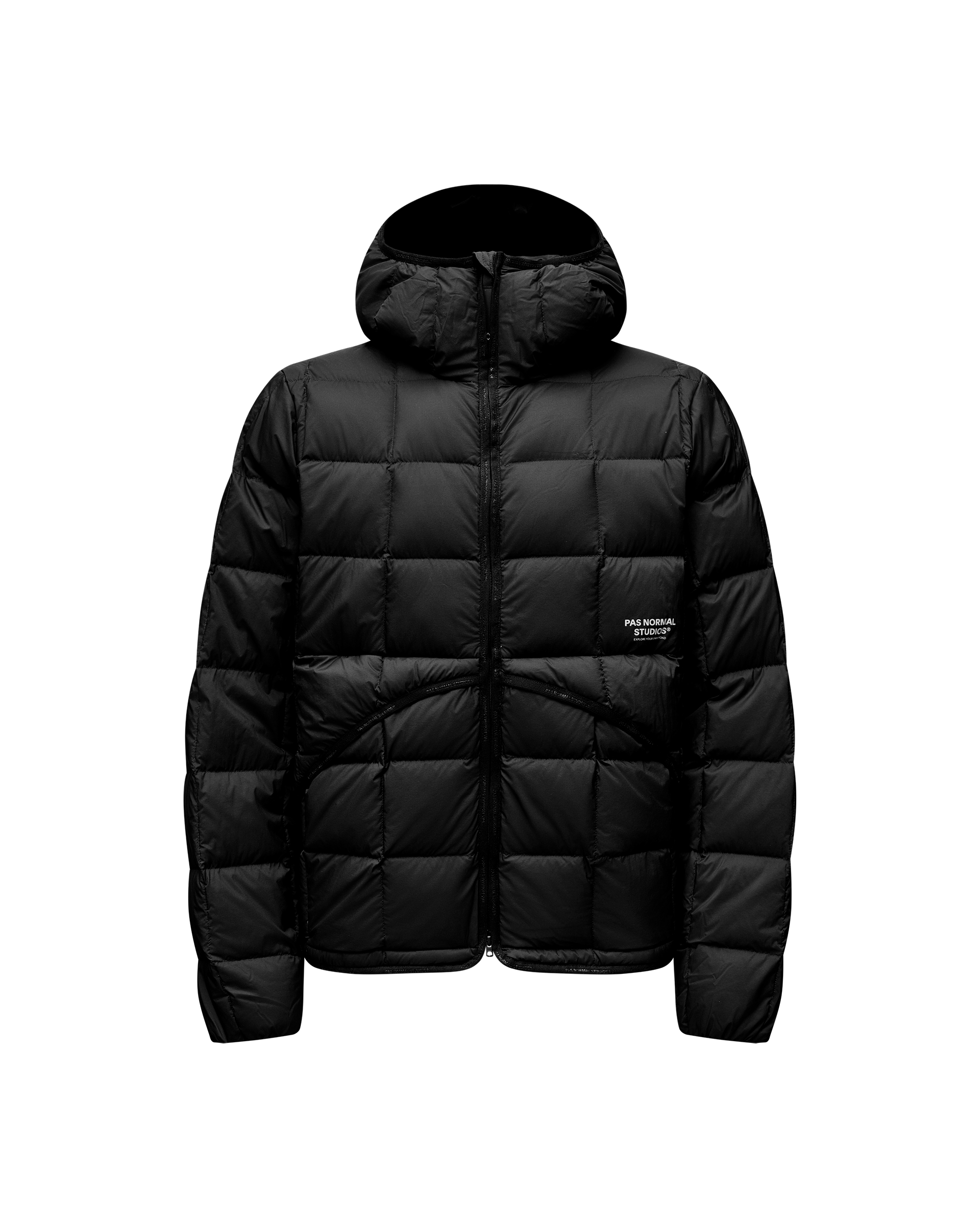 Black Off-Race Down Liner jacket, front flat lay with hood and quilted panels