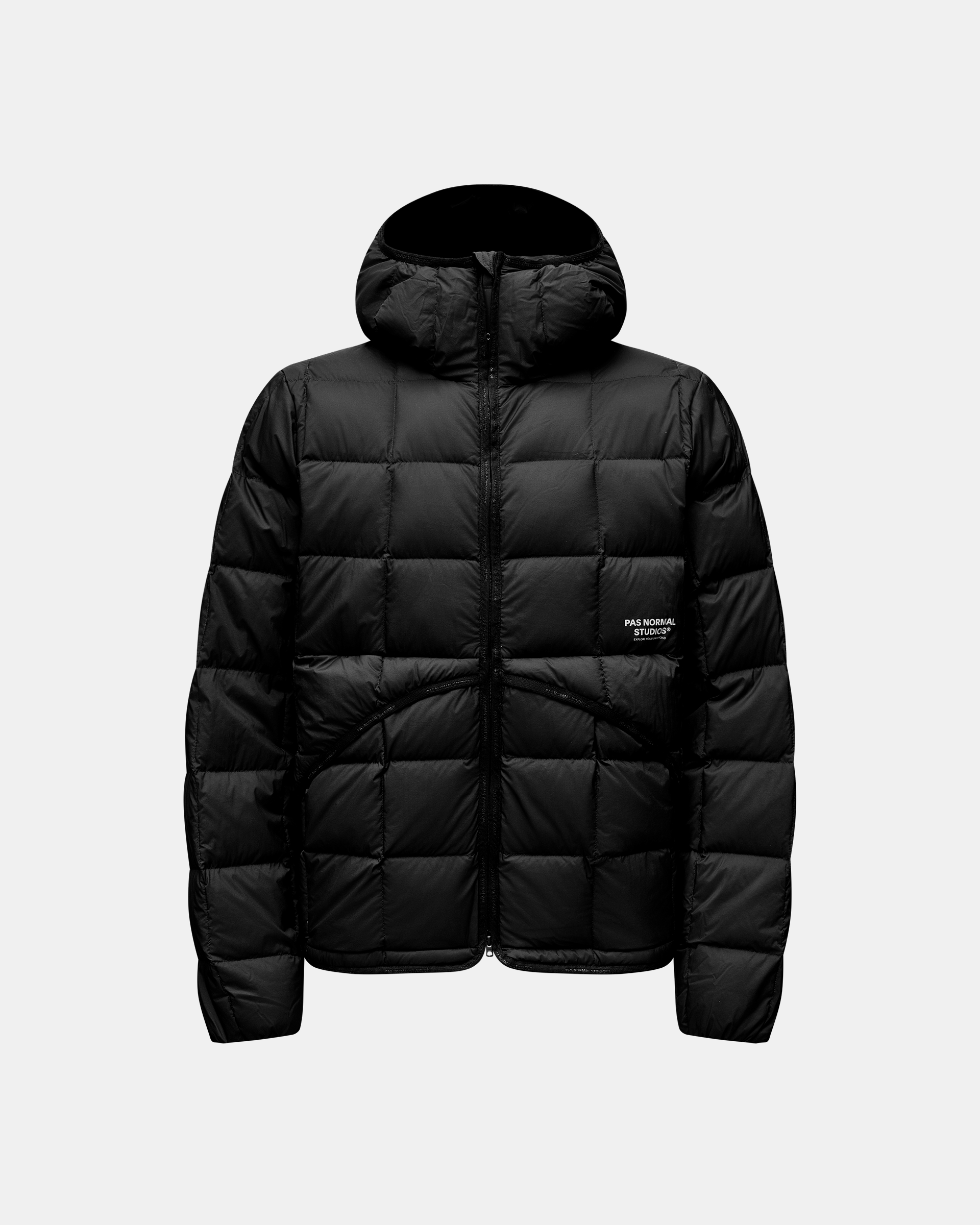 Black Off-Race Down Liner jacket, front flat lay with hood and quilted panels