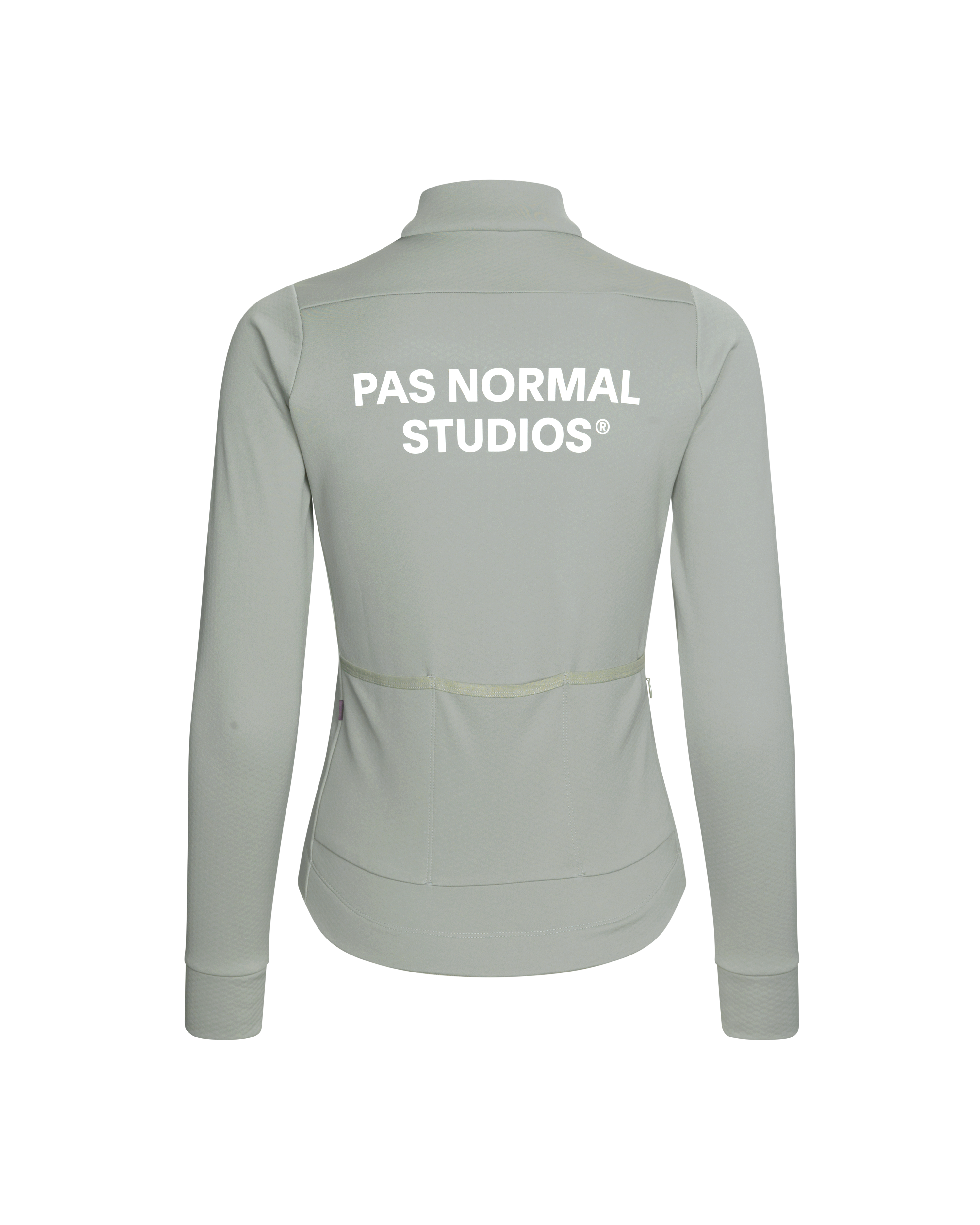 Grey Essential Thermal long sleeve cycling jersey, rear view with white back print