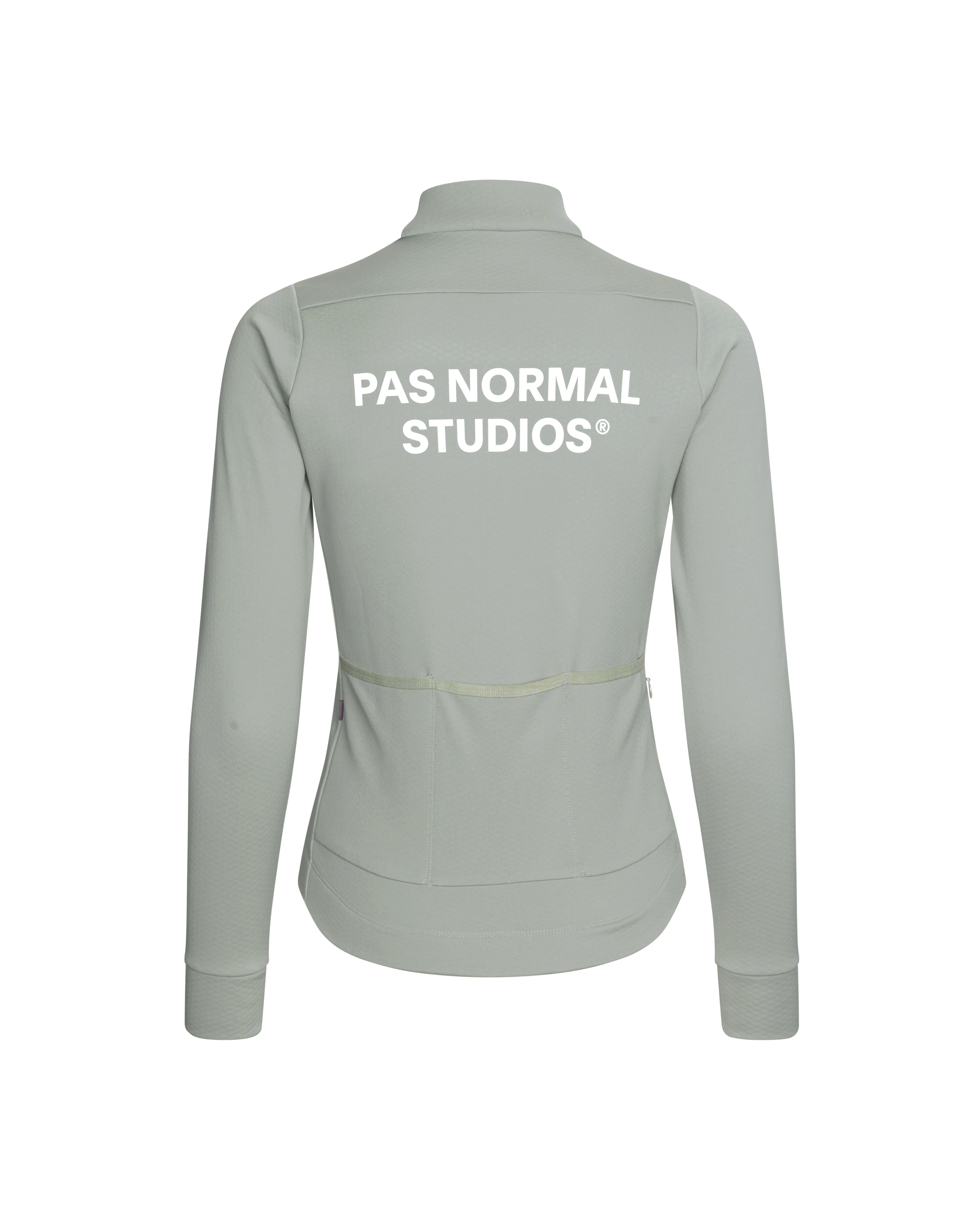 Grey Essential Thermal long sleeve cycling jersey, rear view with white back print