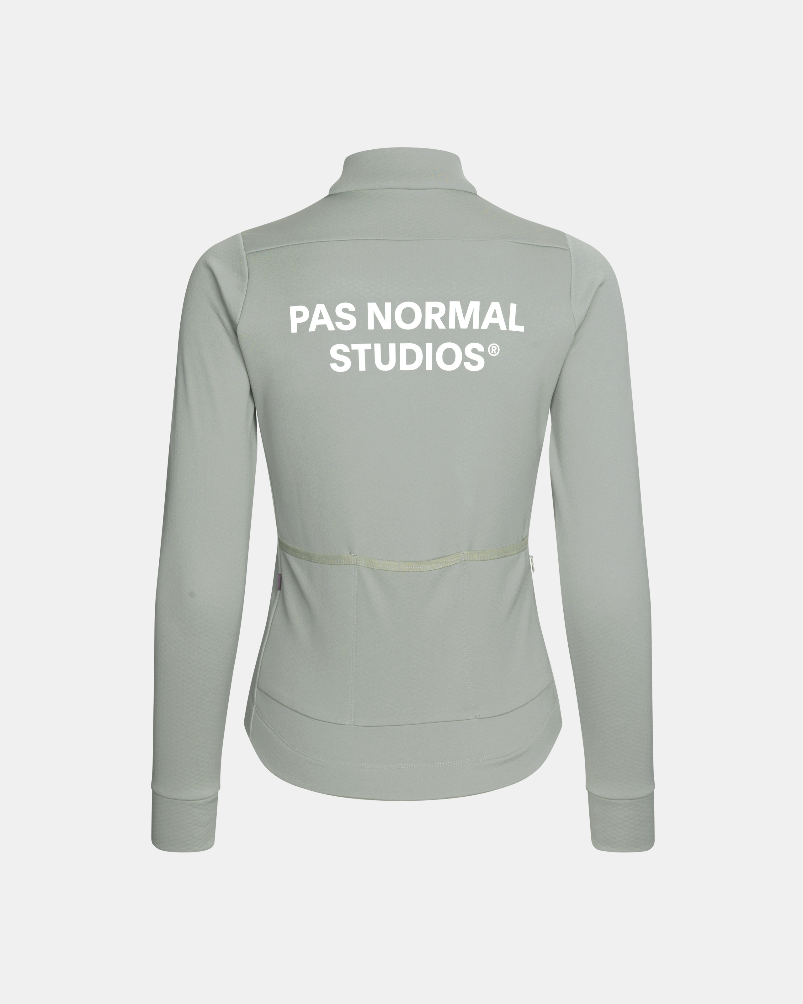 Grey Essential Thermal long sleeve cycling jersey, rear view with white back print