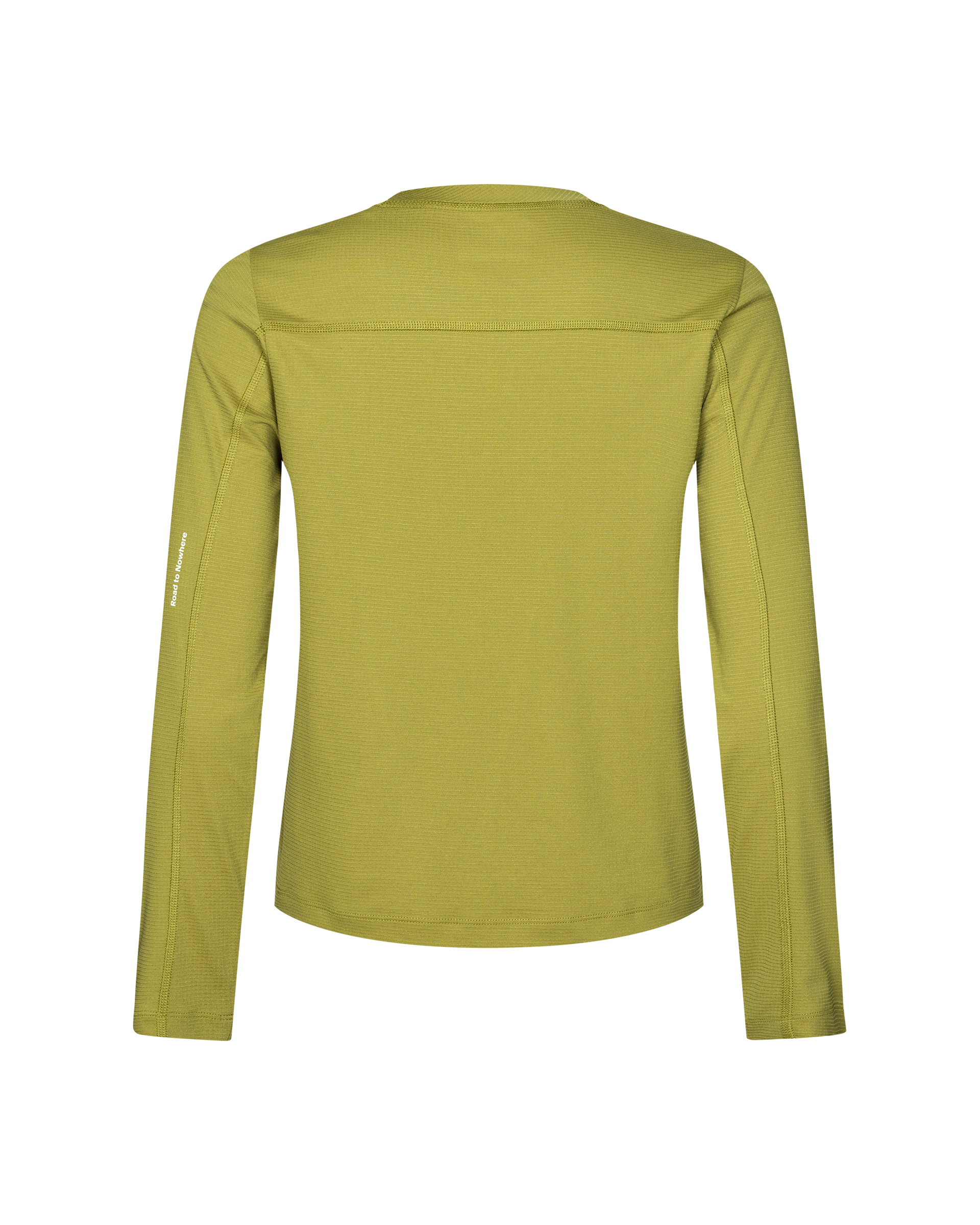 Dark Lime Balance long sleeve T-shirt, rear flat lay with contrast stitching and sleeve text print