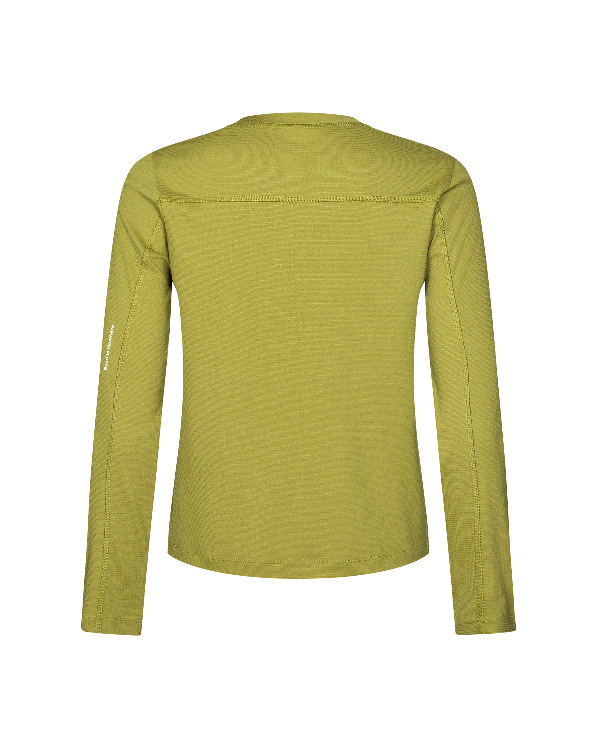 Dark Lime Balance long sleeve T-shirt, rear flat lay with contrast stitching and sleeve text print