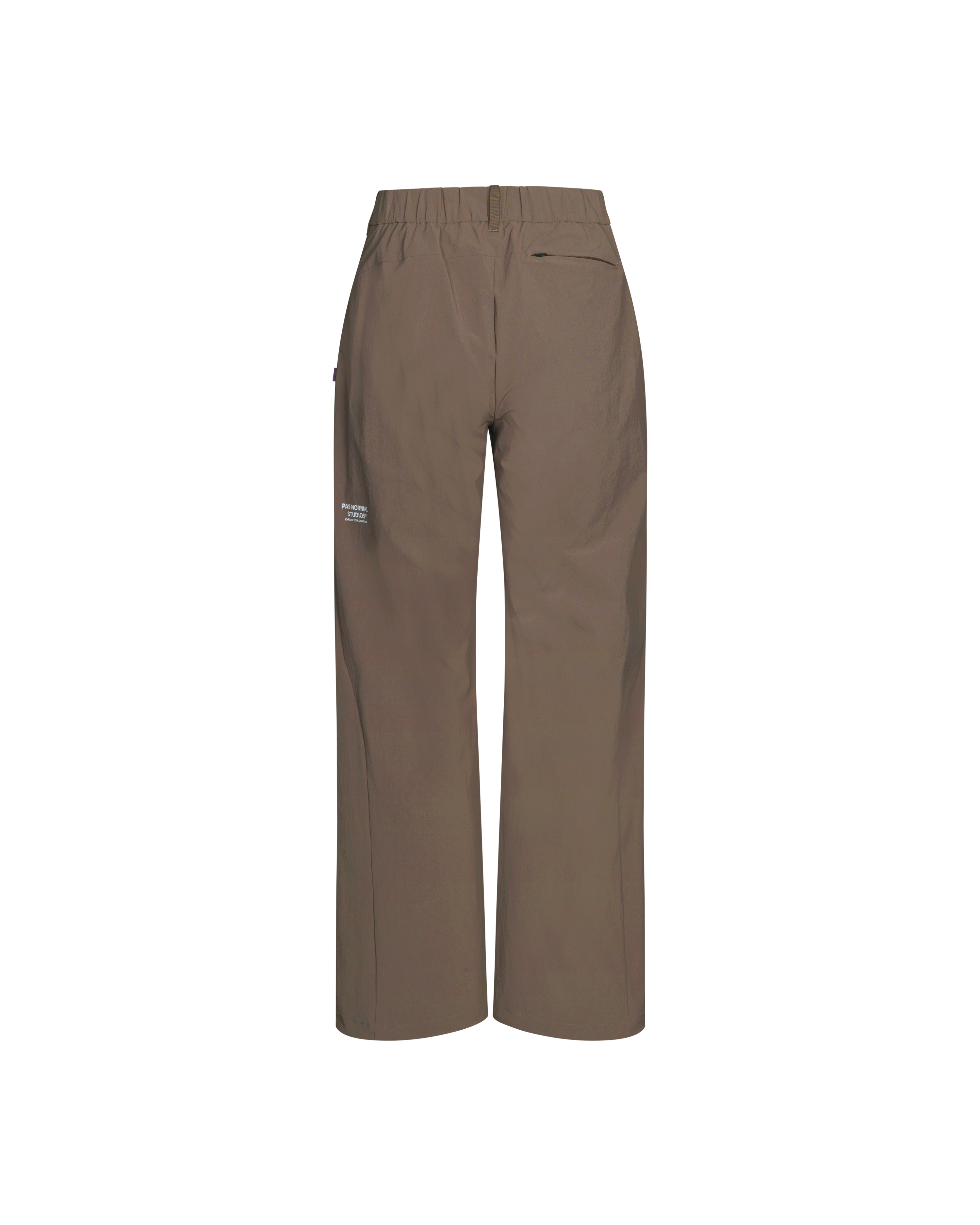 Brown Off-Race Tech pants, rear flat lay with elastic waistband and side cargo pocket