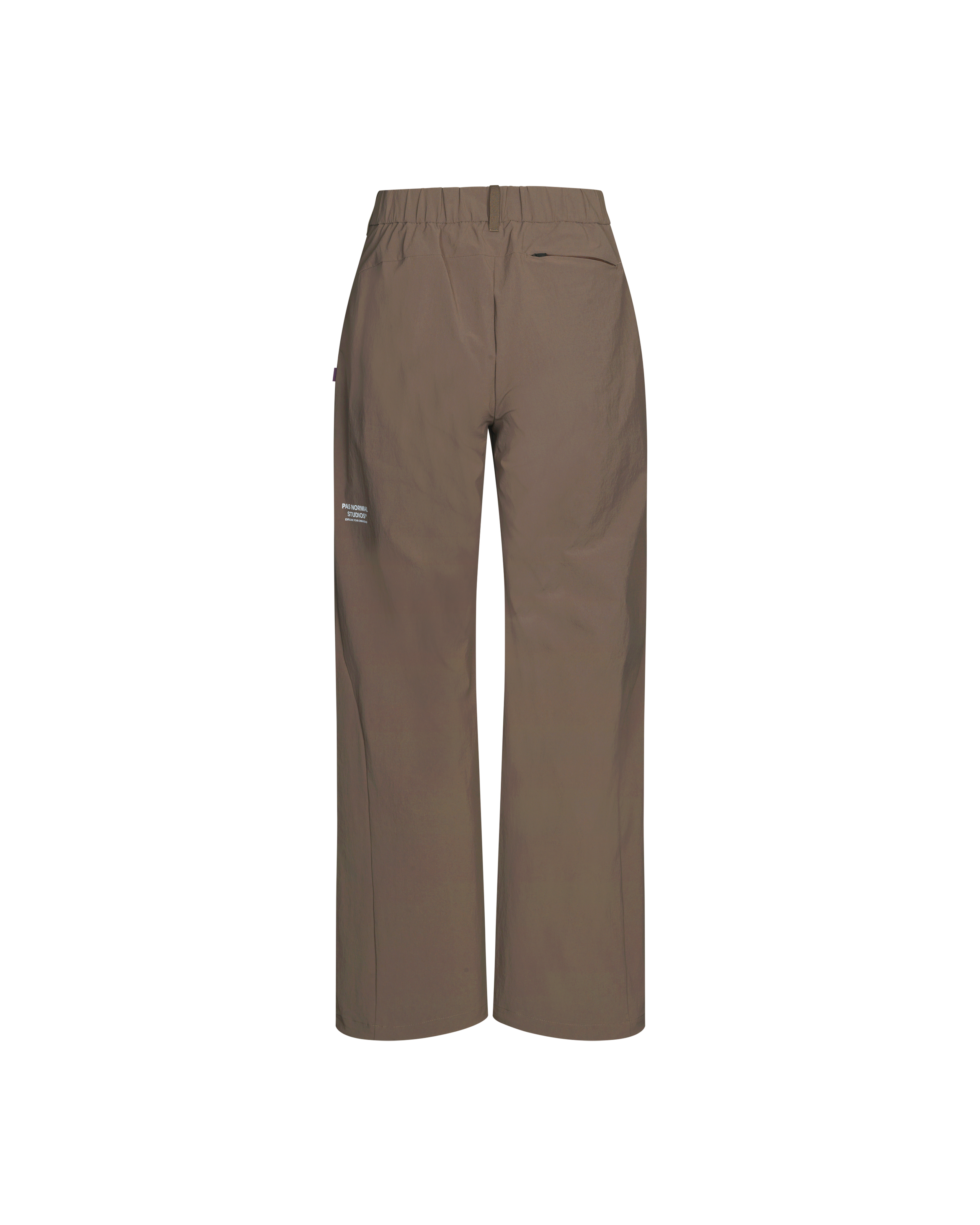 Brown Off-Race Tech pants, rear flat lay with elastic waistband and side cargo pocket
