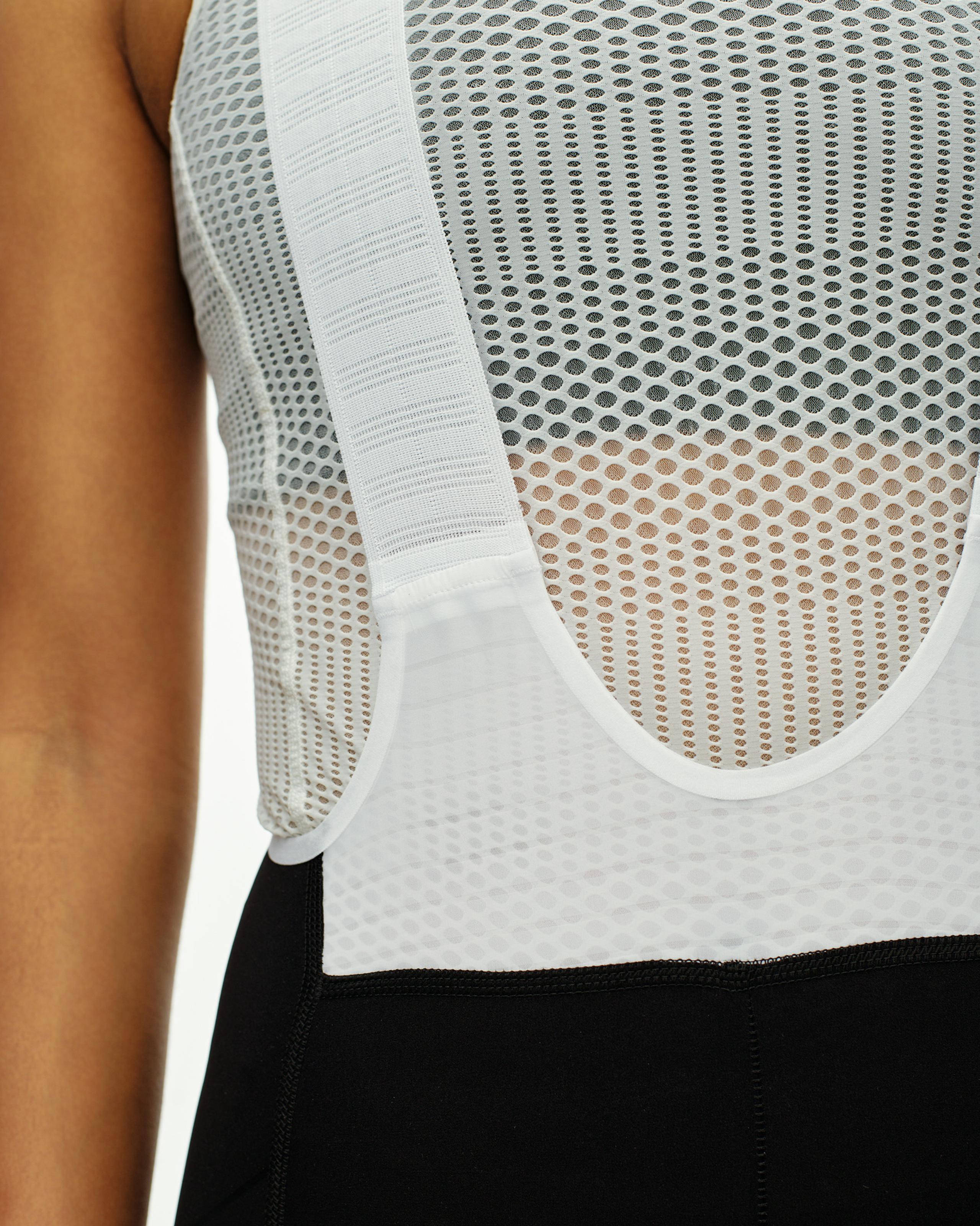 Black PAS Mechanism Pro bibs on model, side view with white mesh bib panel