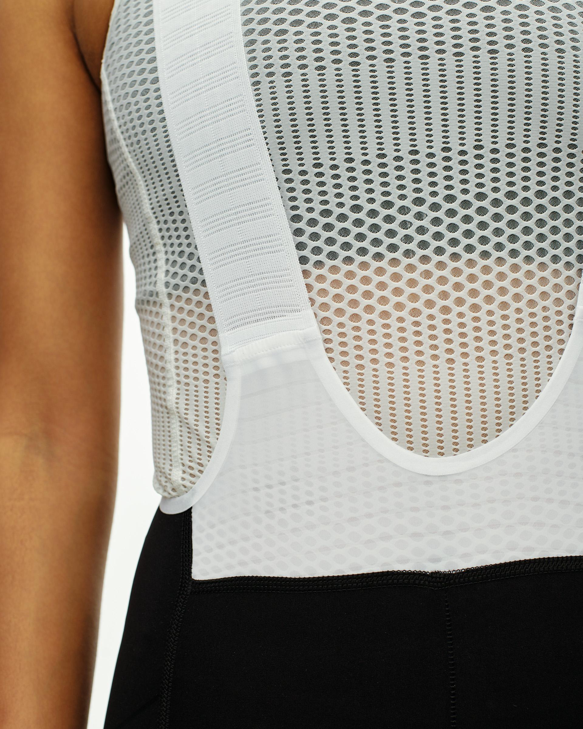 Black PAS Mechanism Pro bibs on model, side view with white mesh bib panel