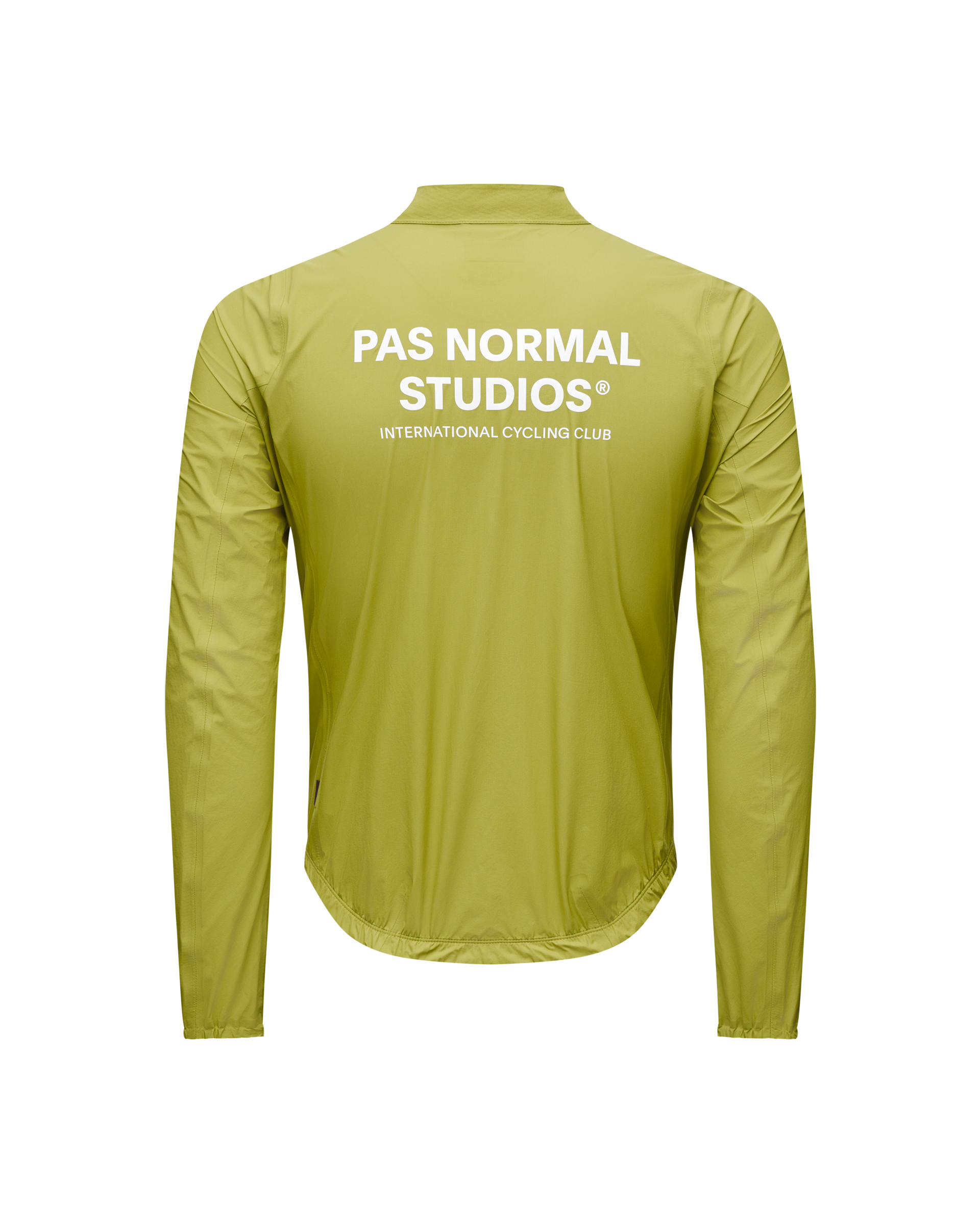 Moss Green Mechanism Rain cycling jacket, rear view with white logo print