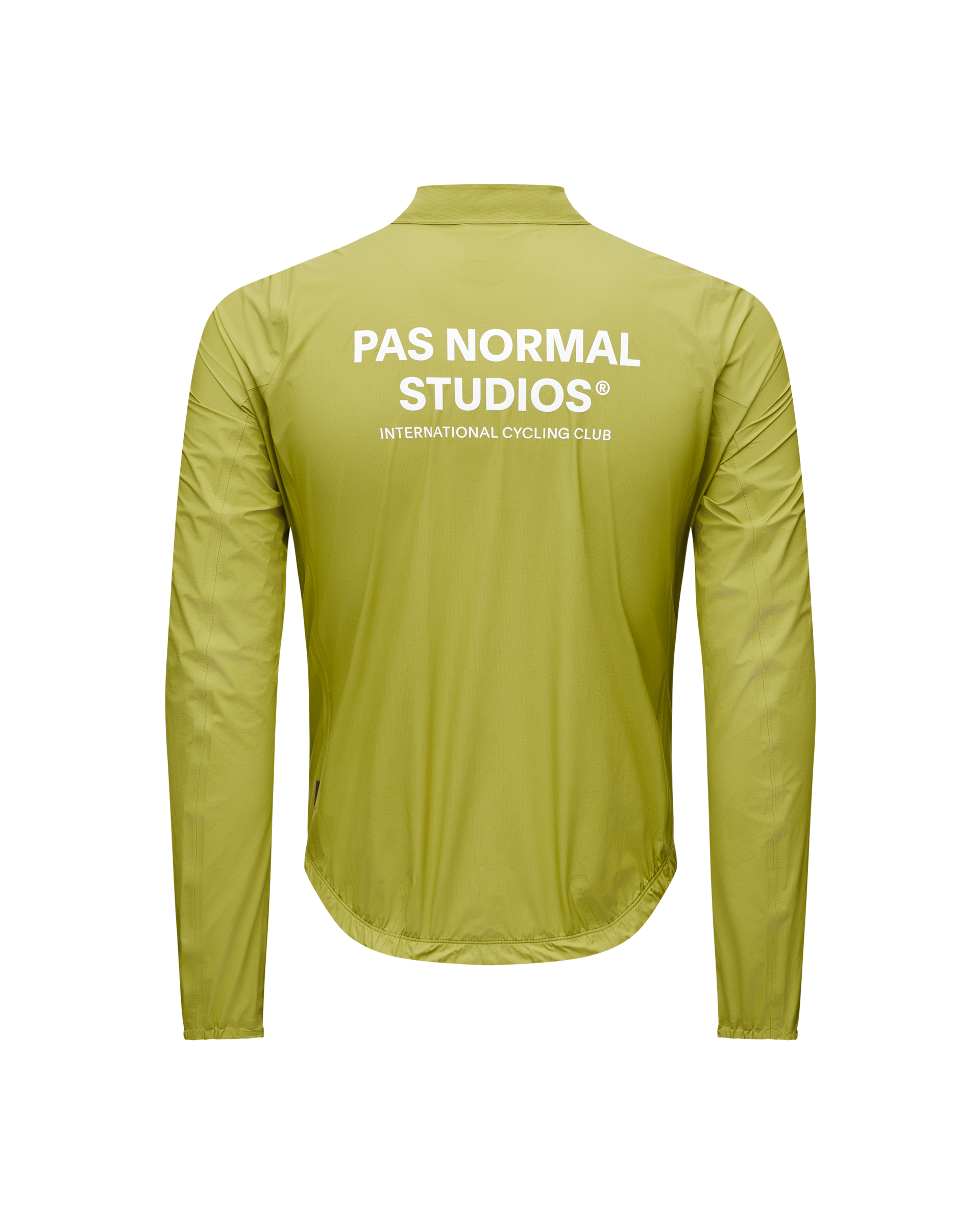 Moss Green Mechanism Rain cycling jacket, rear view with white logo print