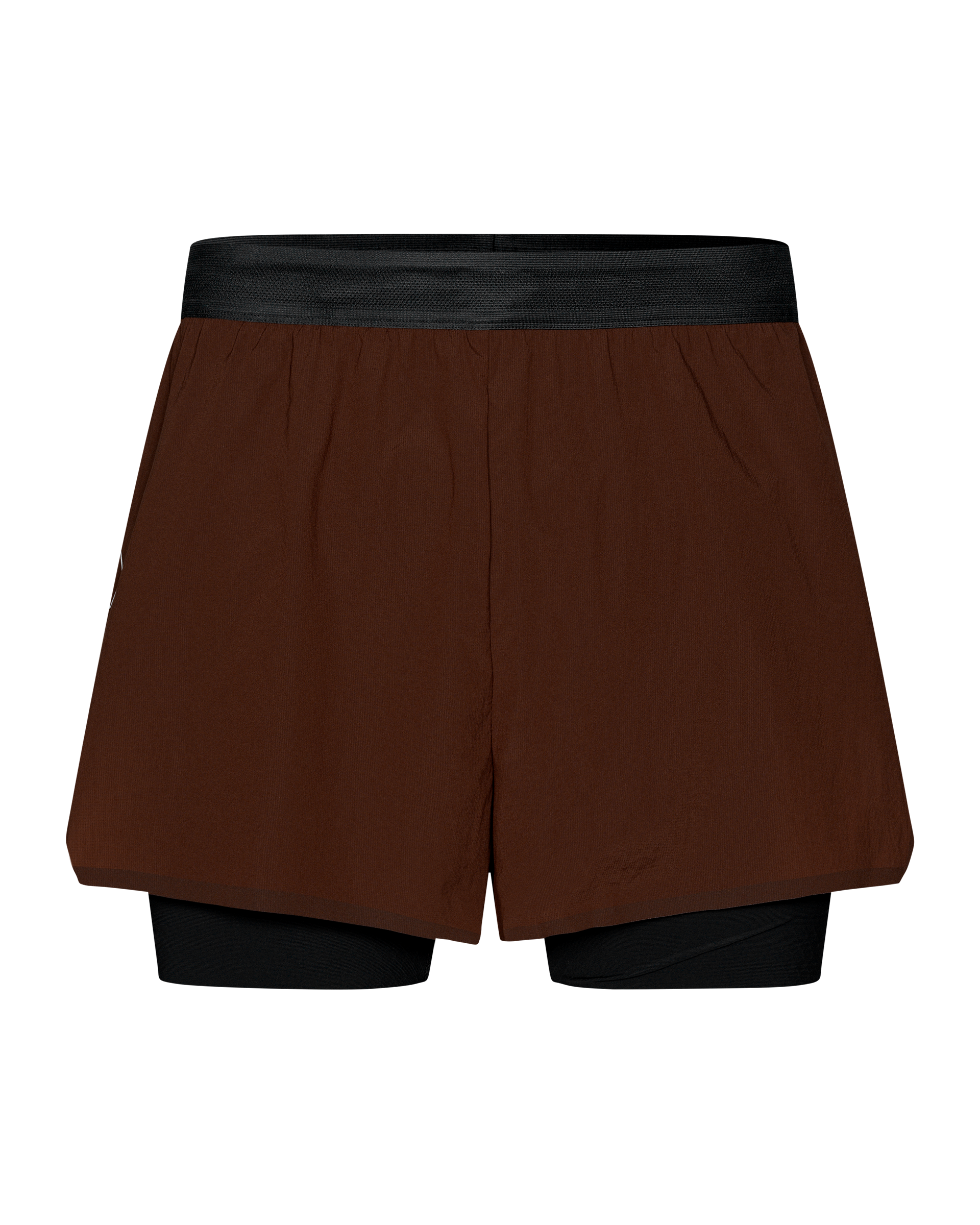 Maroon Brown Balance 2-in-1 shorts, front flat lay with black inner liner and elastic waistband