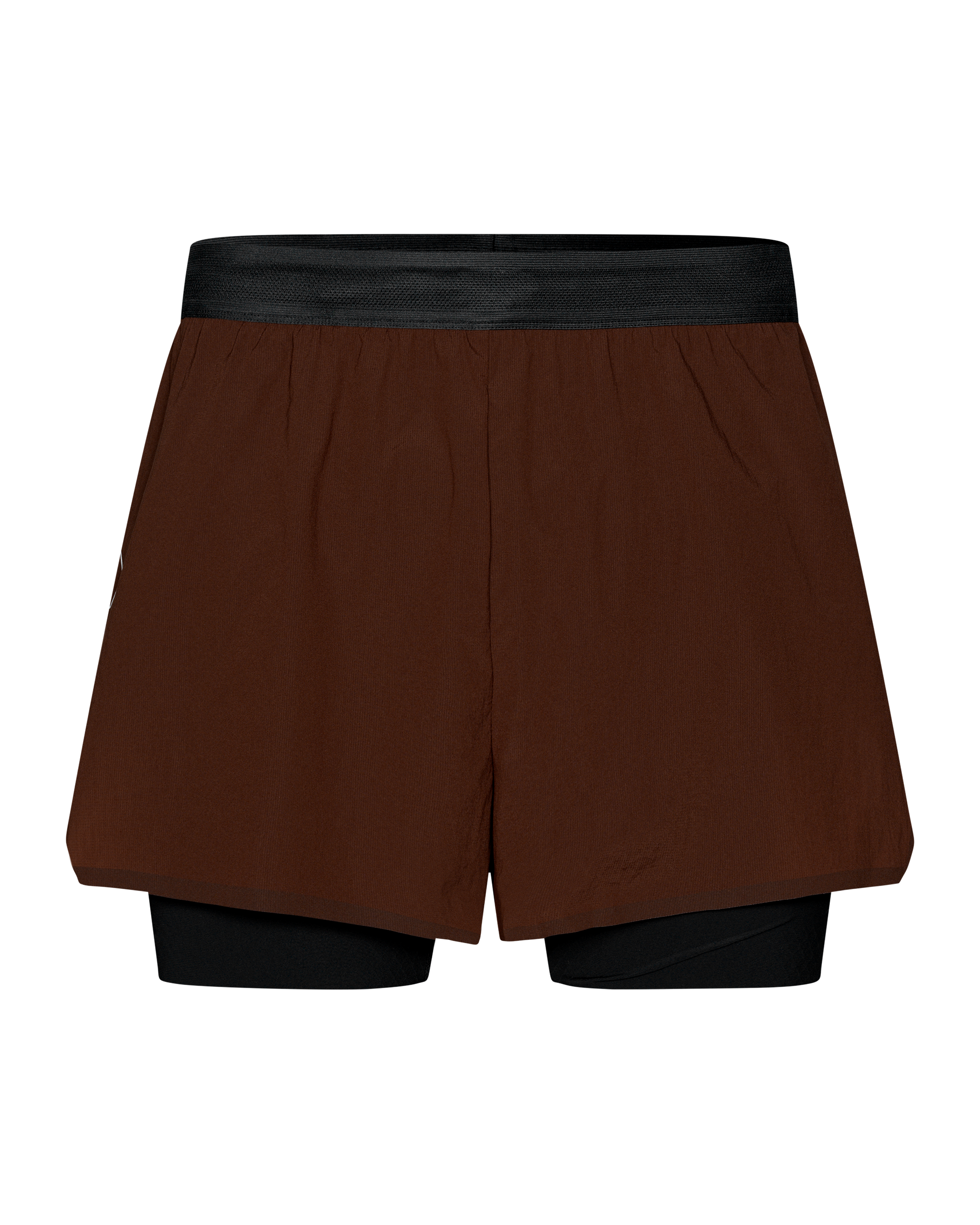 Maroon Brown Balance 2-in-1 shorts, front flat lay with black inner liner and elastic waistband