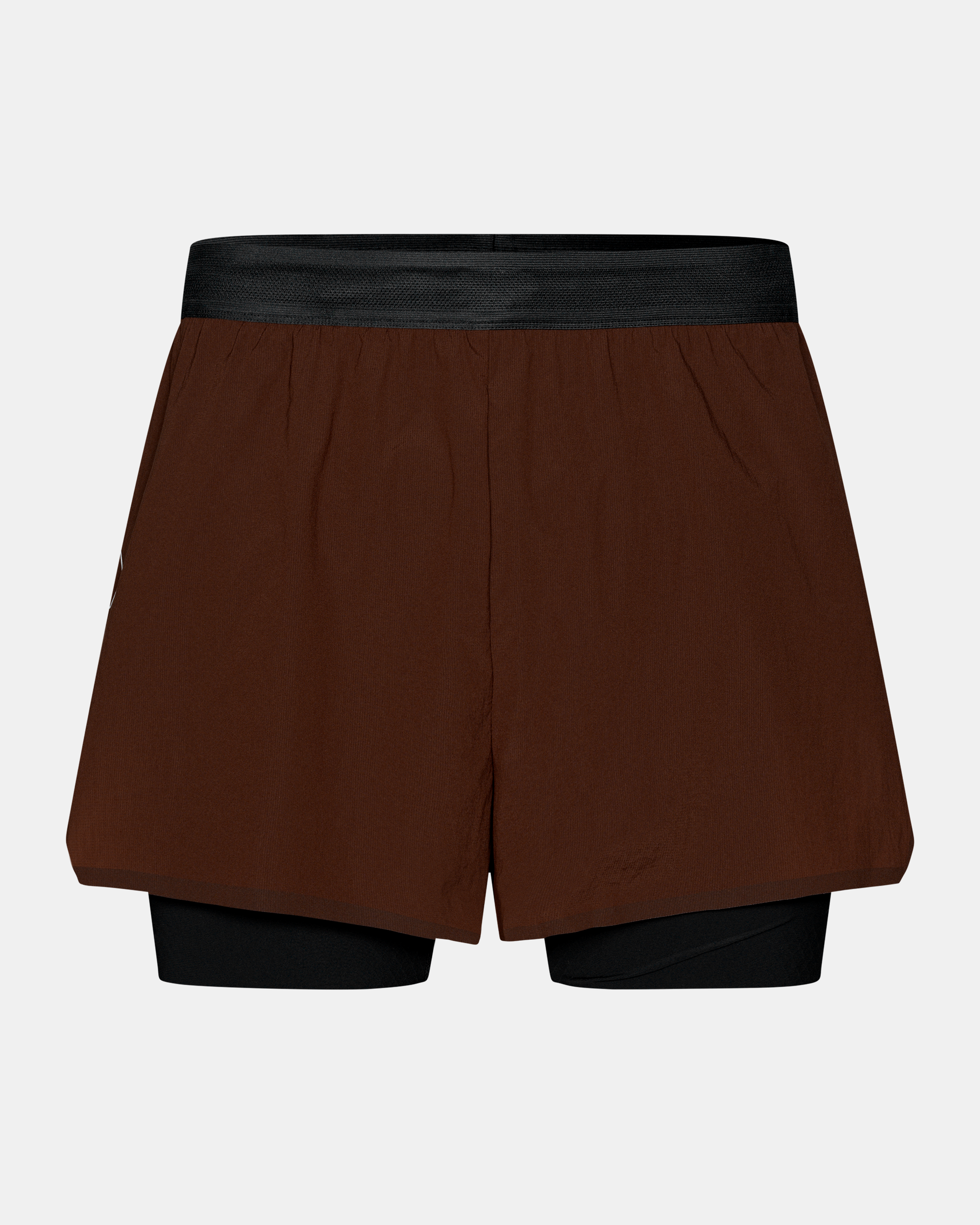 Maroon Brown Balance 2-in-1 shorts, front flat lay with black inner liner and elastic waistband