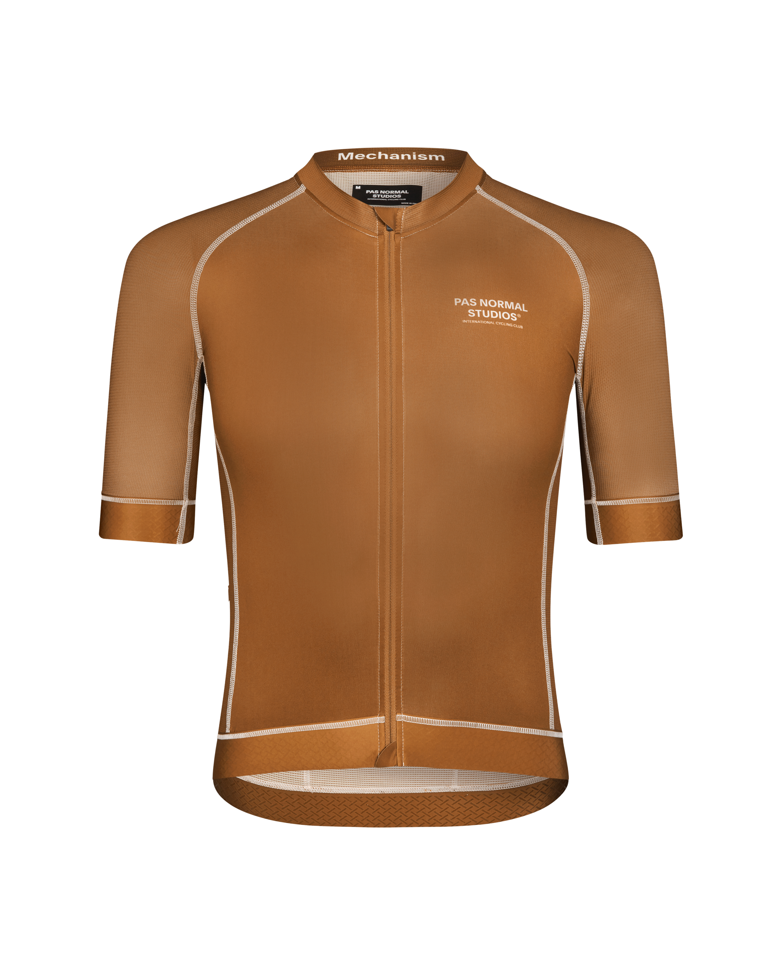 Brown Mechanism cycling jersey, front view with contrast stitching