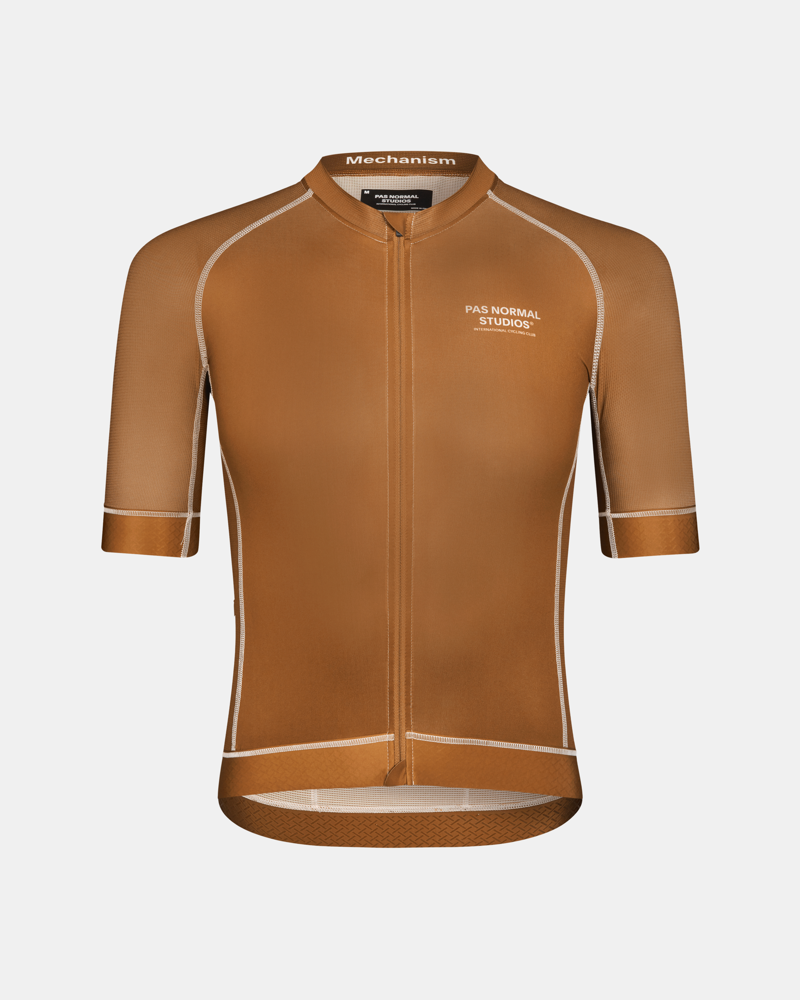 Brown Mechanism cycling jersey, front view with contrast stitching