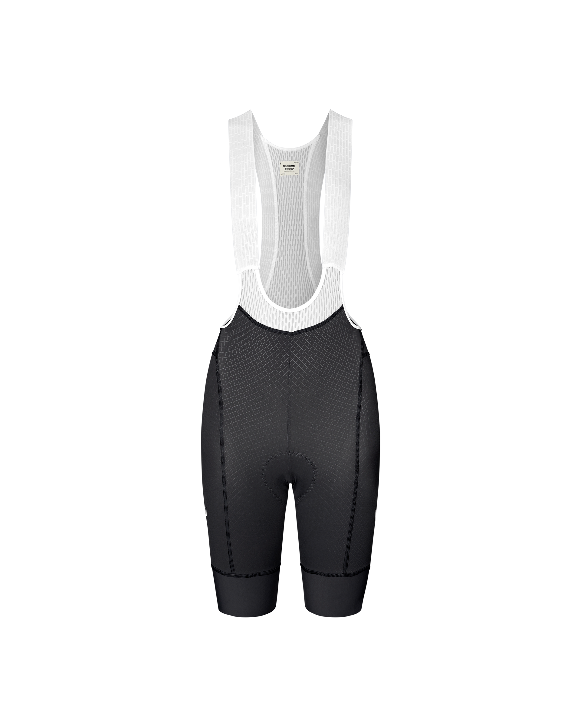Dark Navy Mechanism women's cycling bibs, front flat lay with white mesh bib straps and textured front panel