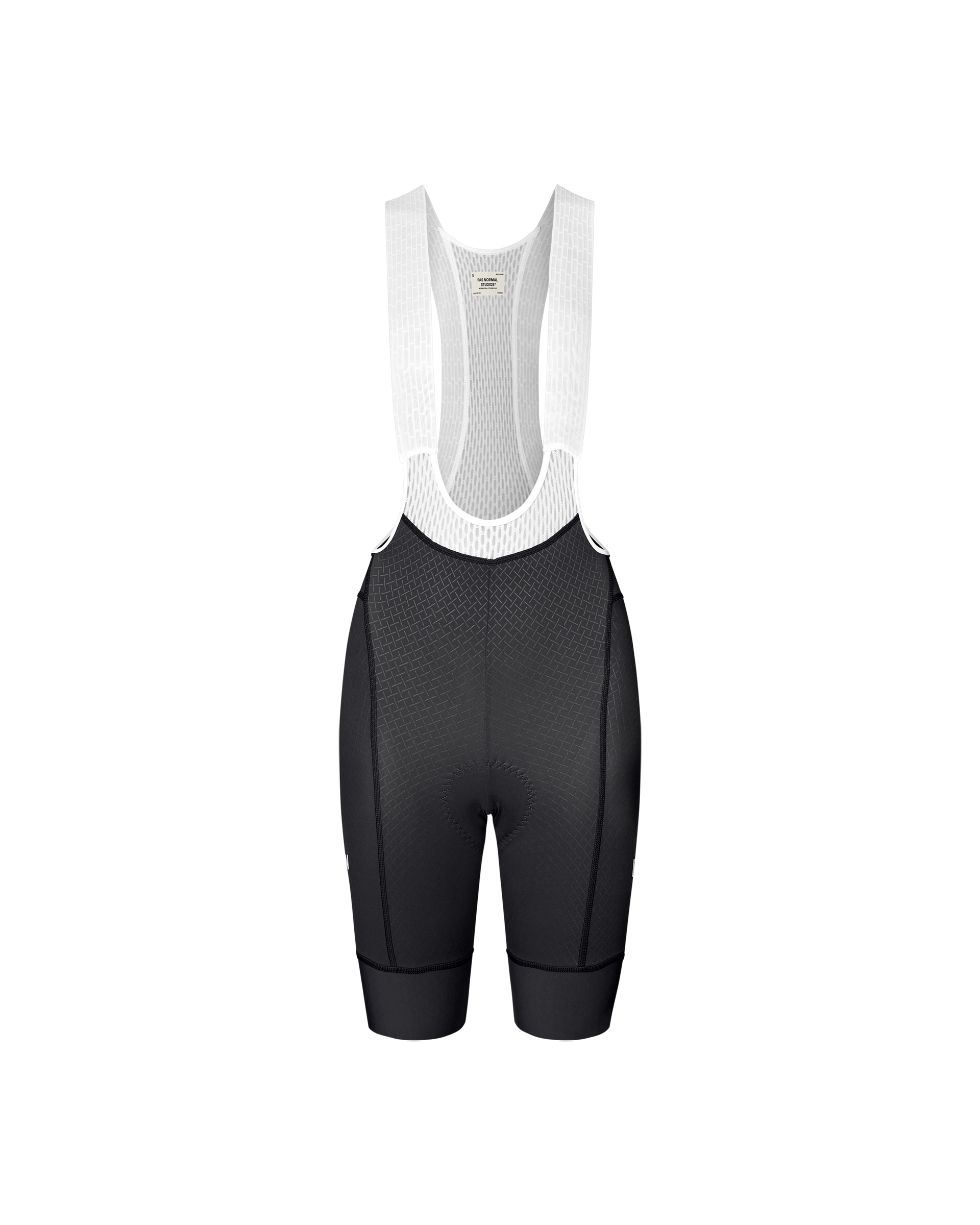 Dark Navy Mechanism women's cycling bibs, front flat lay with white mesh bib straps and textured front panel