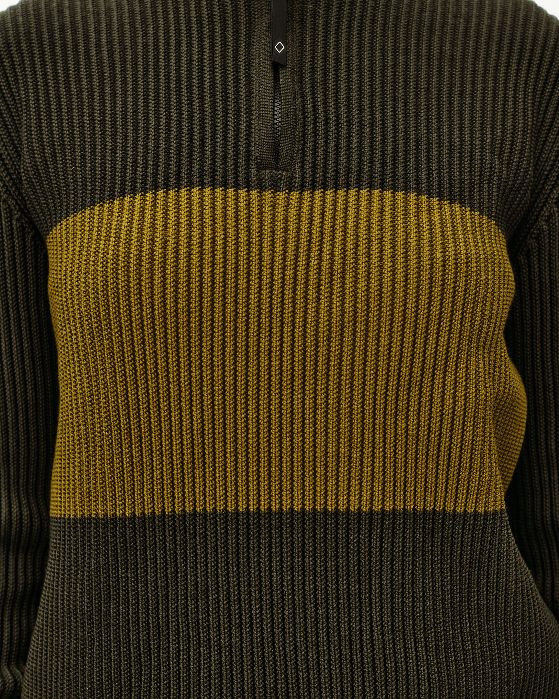 Olive Off-Race Merino Knit Half-Zip sweater, detail view showing contrast yellow stripe panel and back zip
