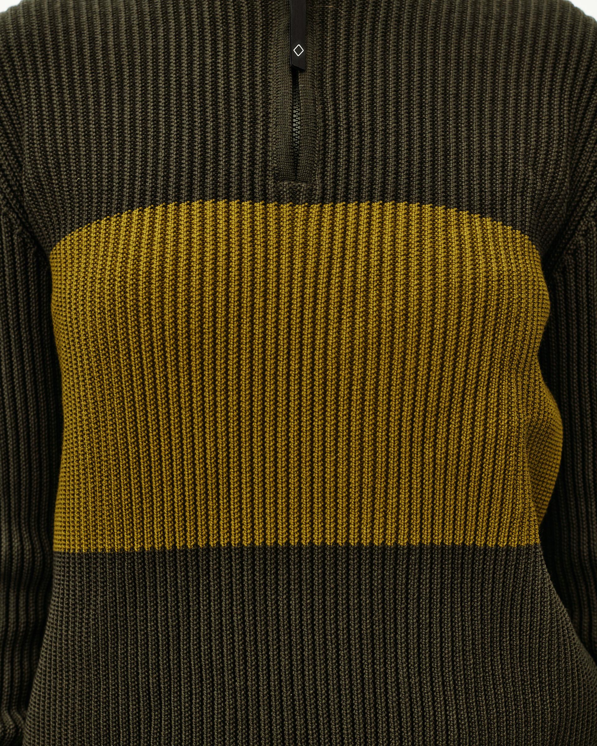 Olive Off-Race Merino Knit Half-Zip sweater, detail view showing contrast yellow stripe panel and back zip